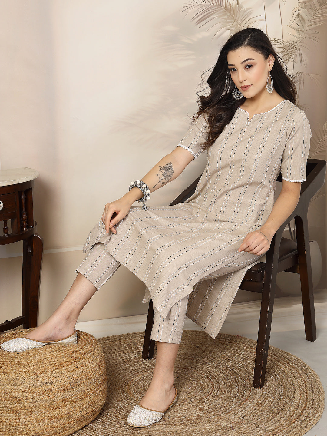 Self Woven Striped Cotton Blend Straight Kurta Pant Set