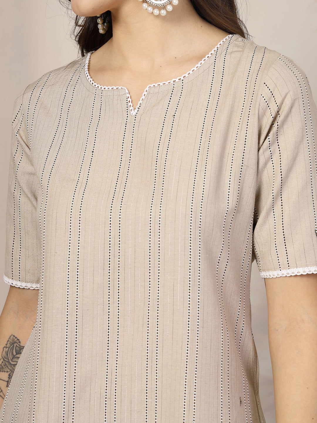Self Woven Striped Cotton Blend Straight Kurta Pant Set