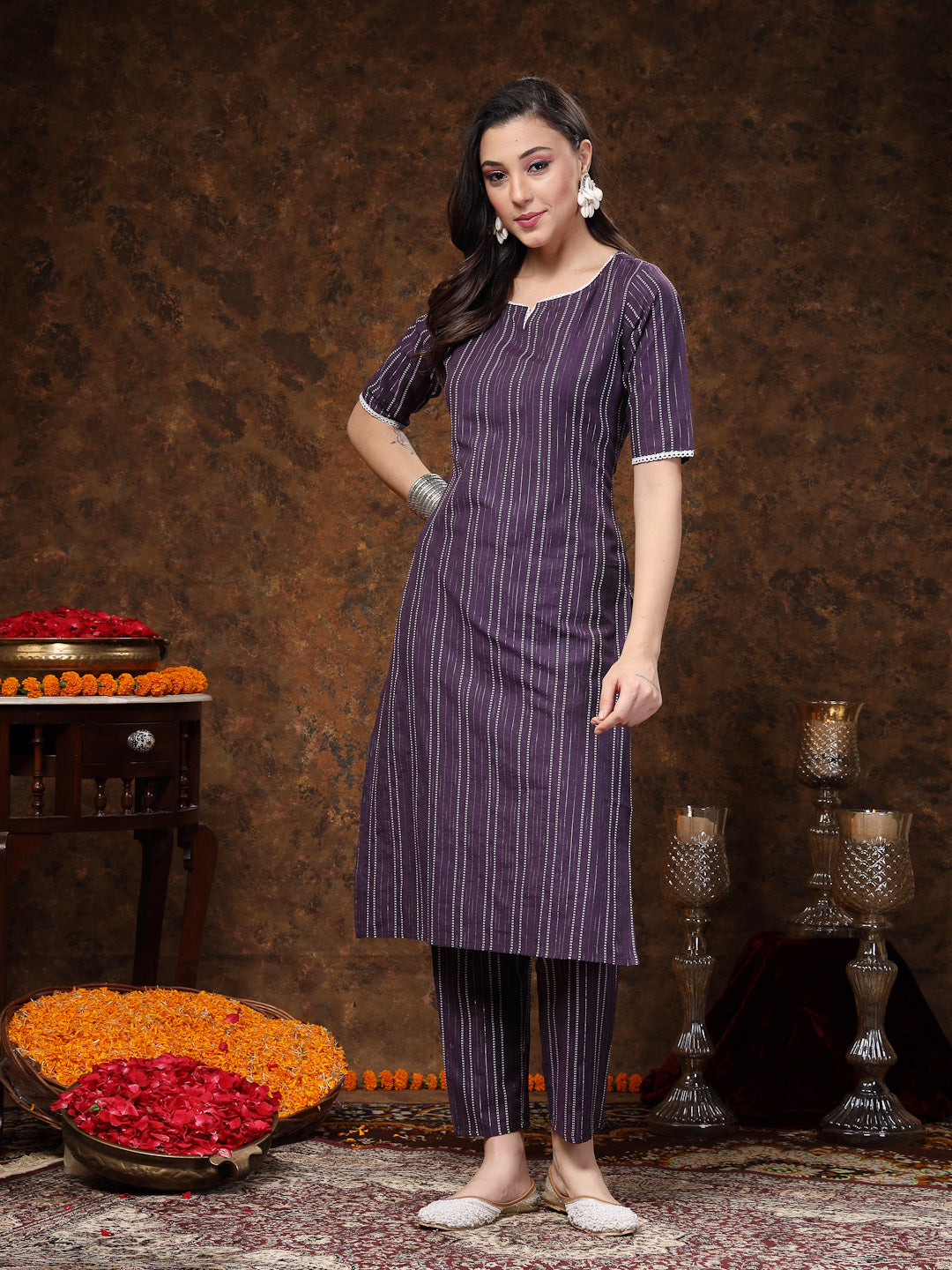 Self Woven Striped Cotton Blend Straight Kurta Pant Set