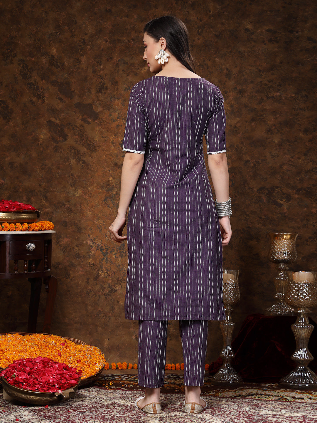 Self Woven Striped Cotton Blend Straight Kurta Pant Set