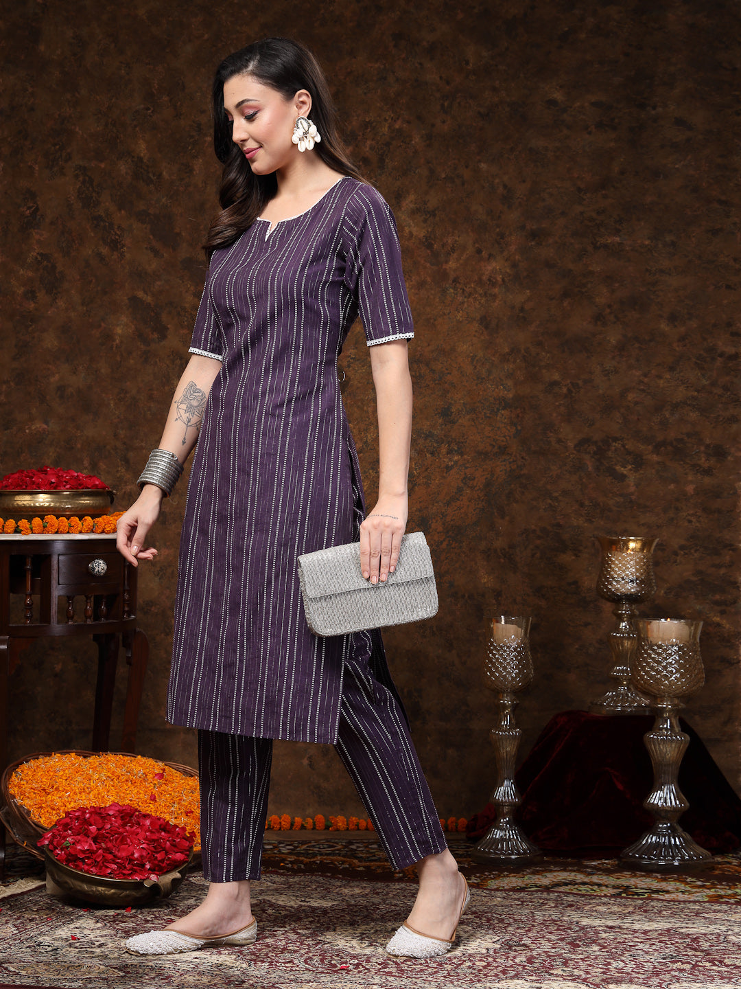 Self Woven Striped Cotton Blend Straight Kurta Pant Set