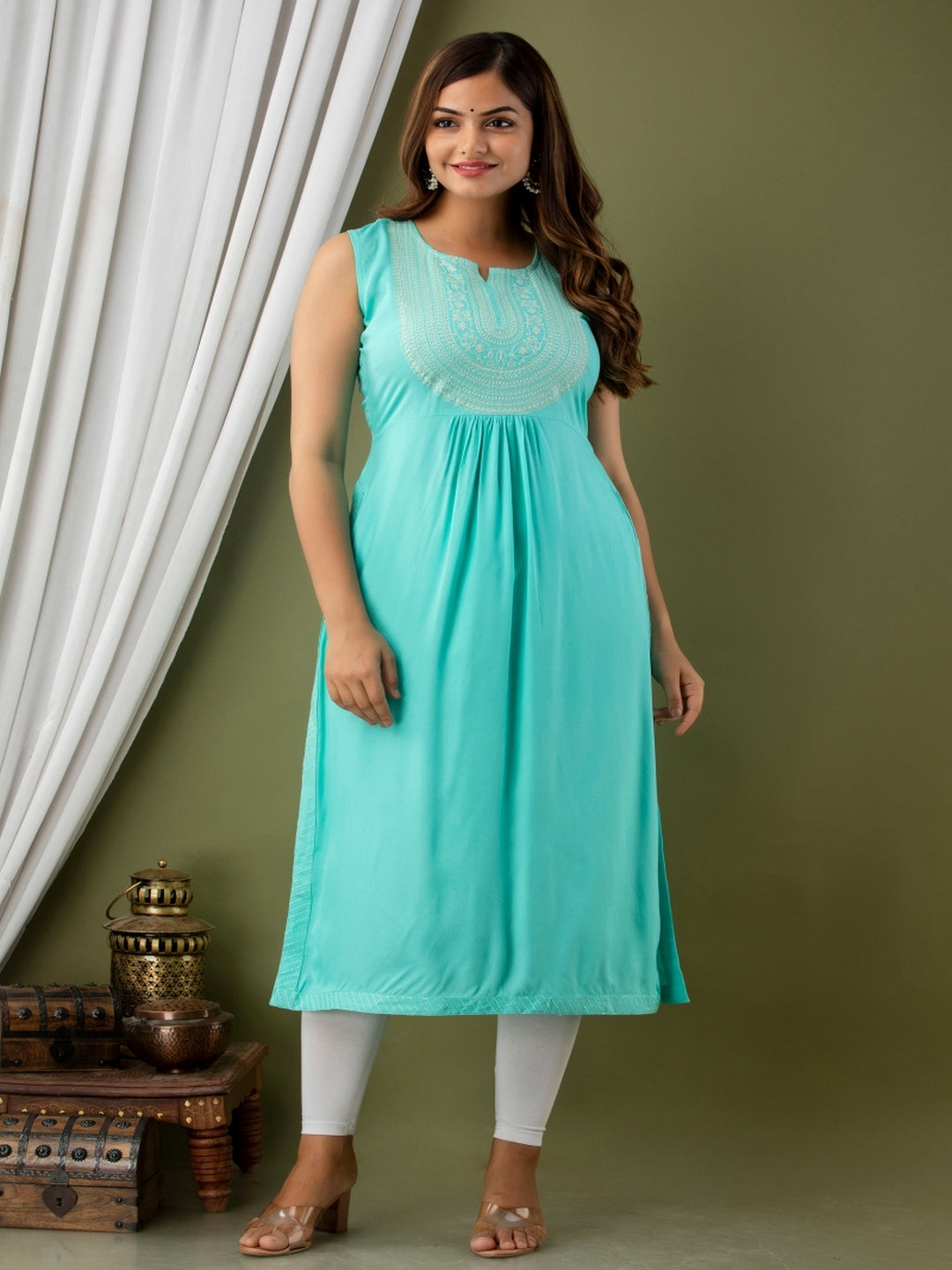 Rayon Calf Length Embroidered Straight Sleeveless Round Neck Kurta