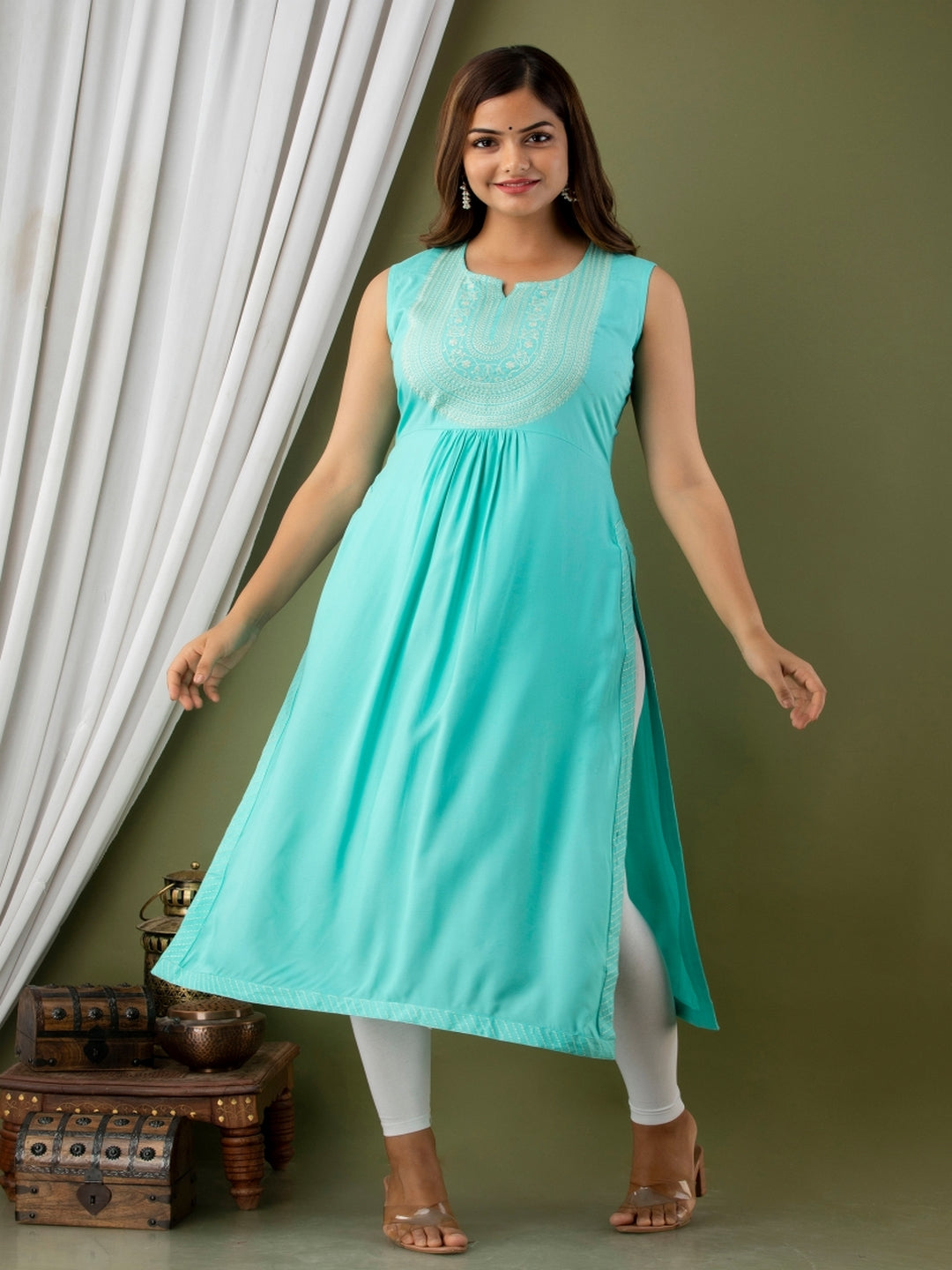 Rayon Calf Length Embroidered Straight Sleeveless Round Neck Kurta
