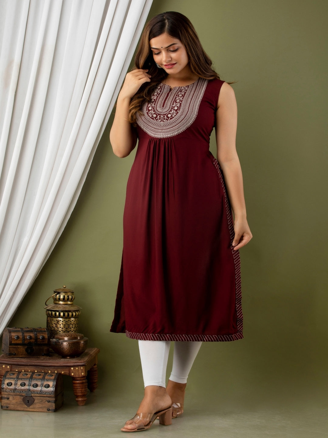 Rayon Calf Length Embroidered Straight Sleeveless Round Neck Kurta