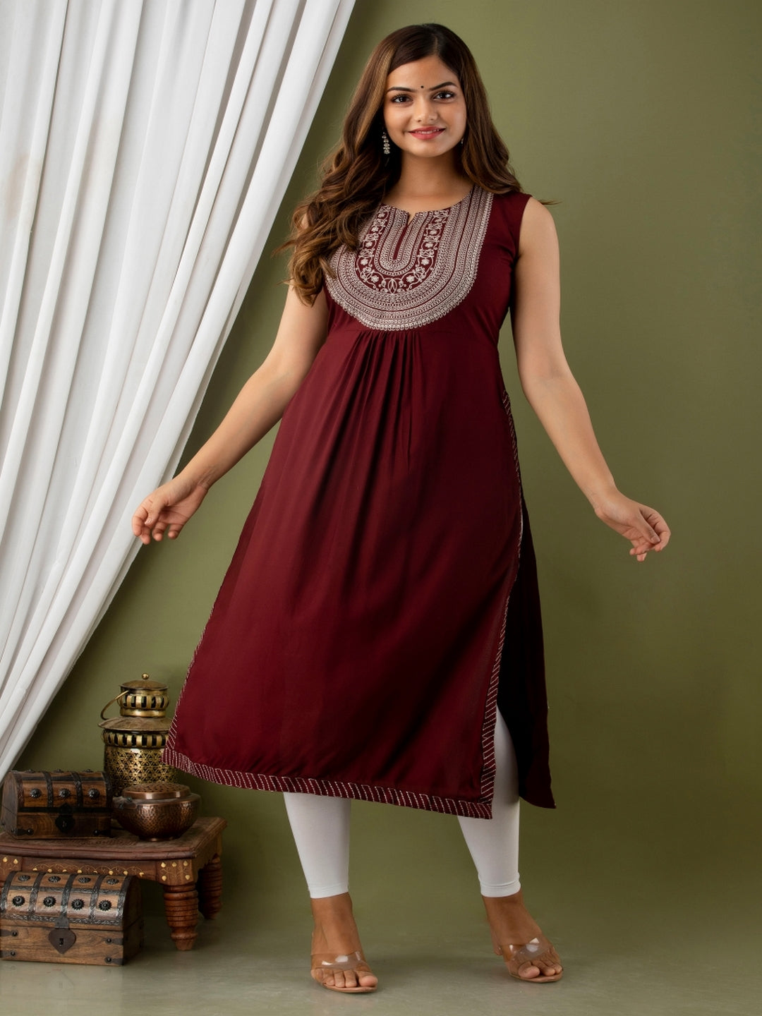 Rayon Calf Length Embroidered Straight Sleeveless Round Neck Kurta
