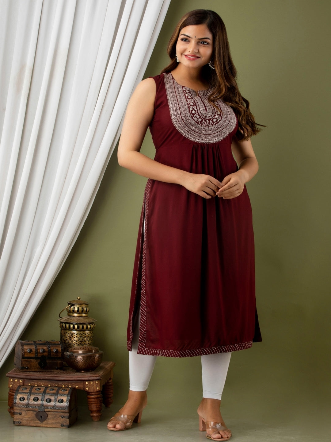 Rayon Calf Length Embroidered Straight Sleeveless Round Neck Kurta