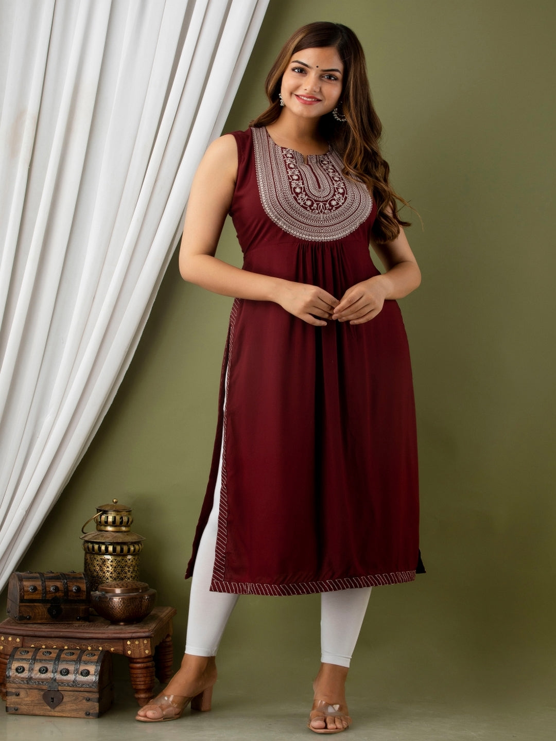 Rayon Calf Length Embroidered Straight Sleeveless Round Neck Kurta