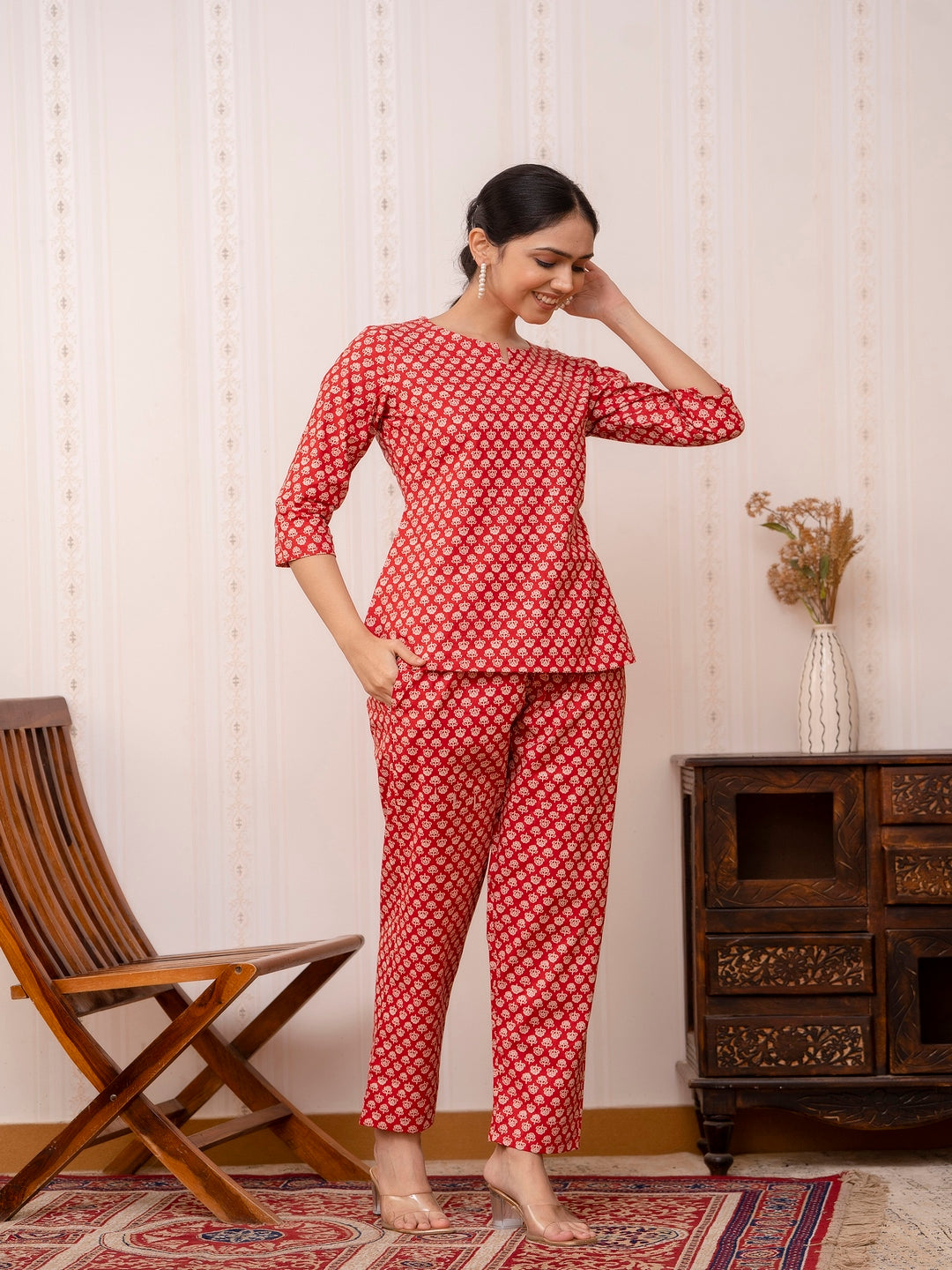 Red Printed Cotton Night Suit
