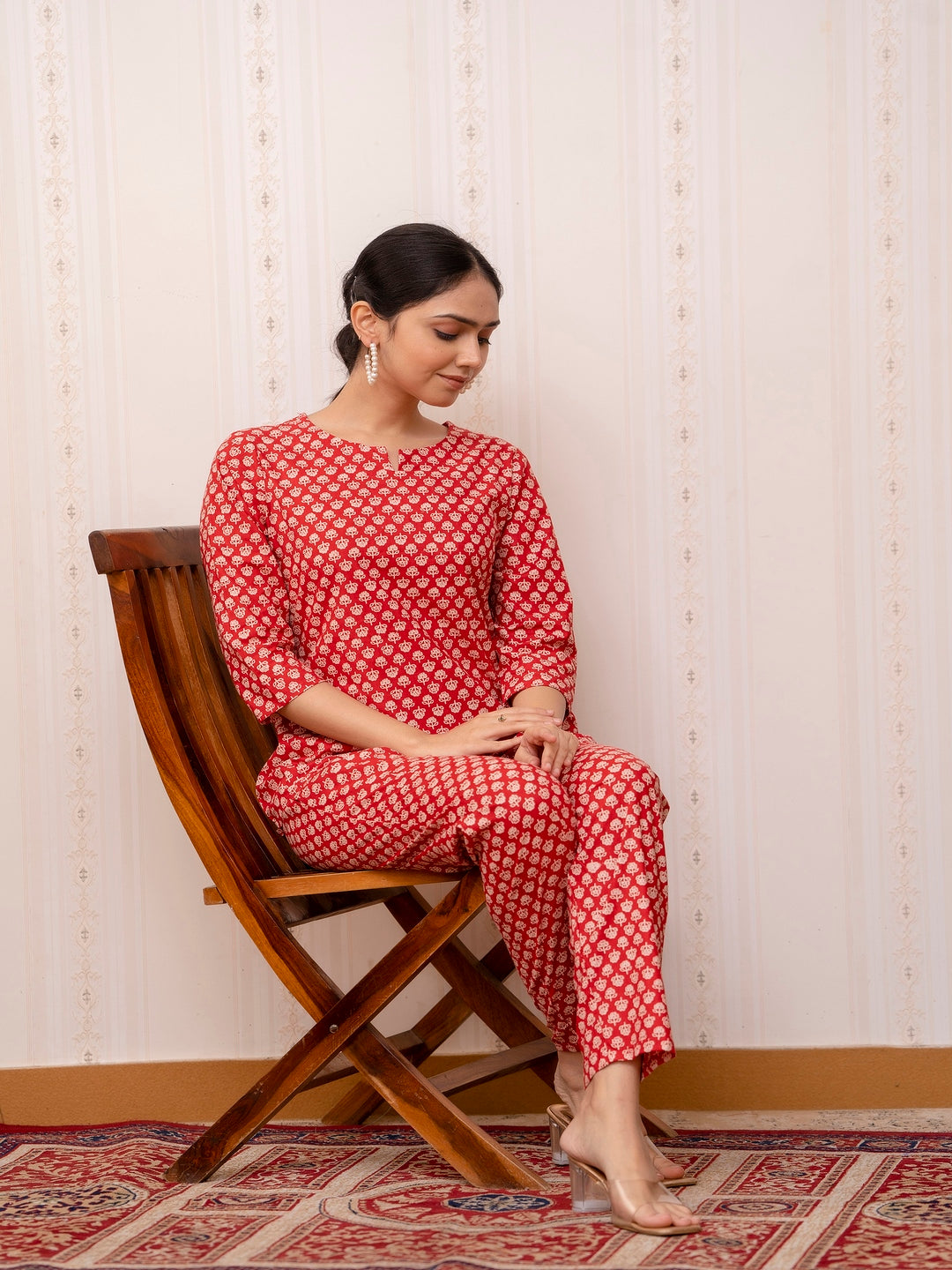 Red Printed Cotton Night Suit