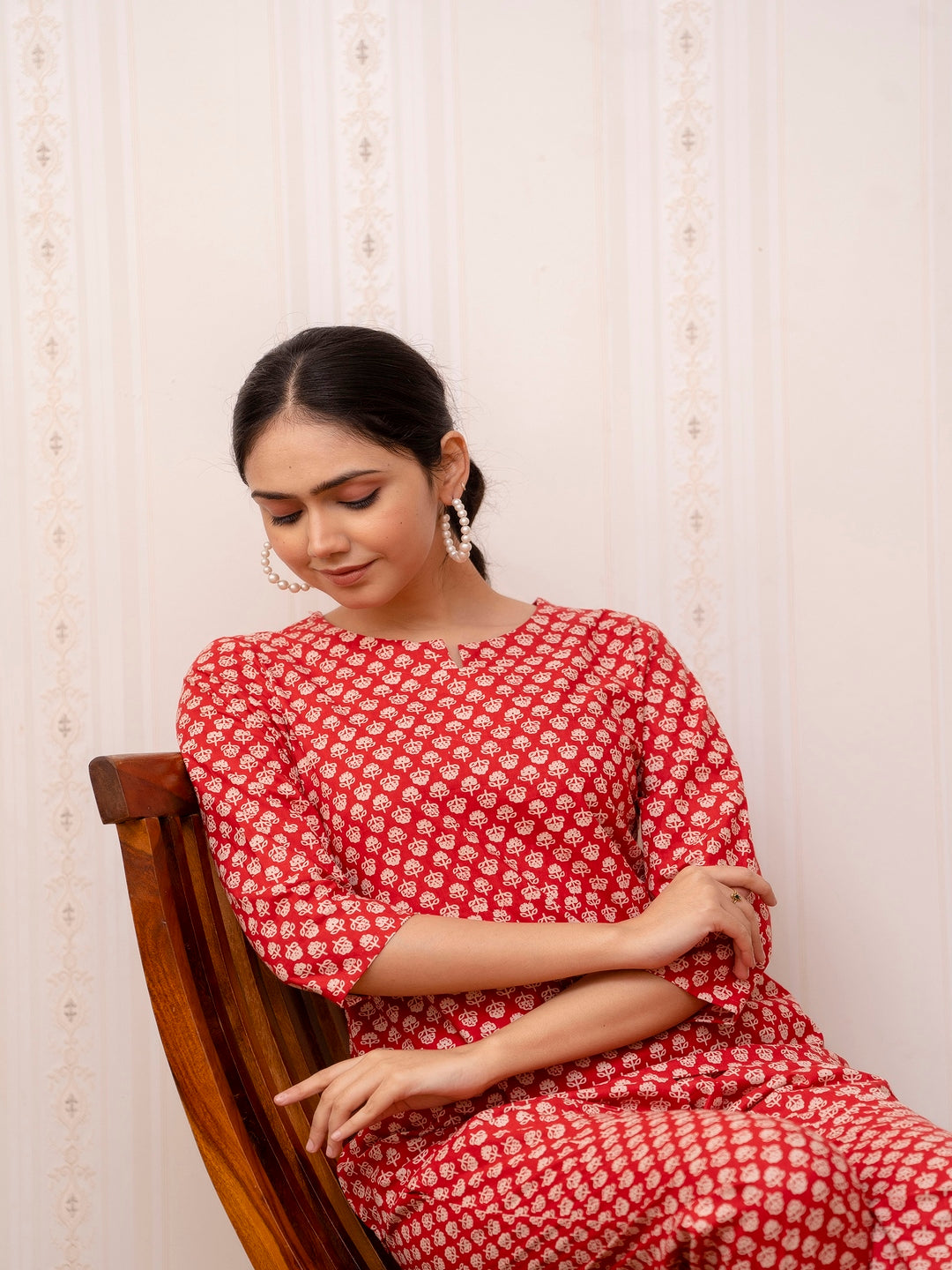 Red Printed Cotton Night Suit