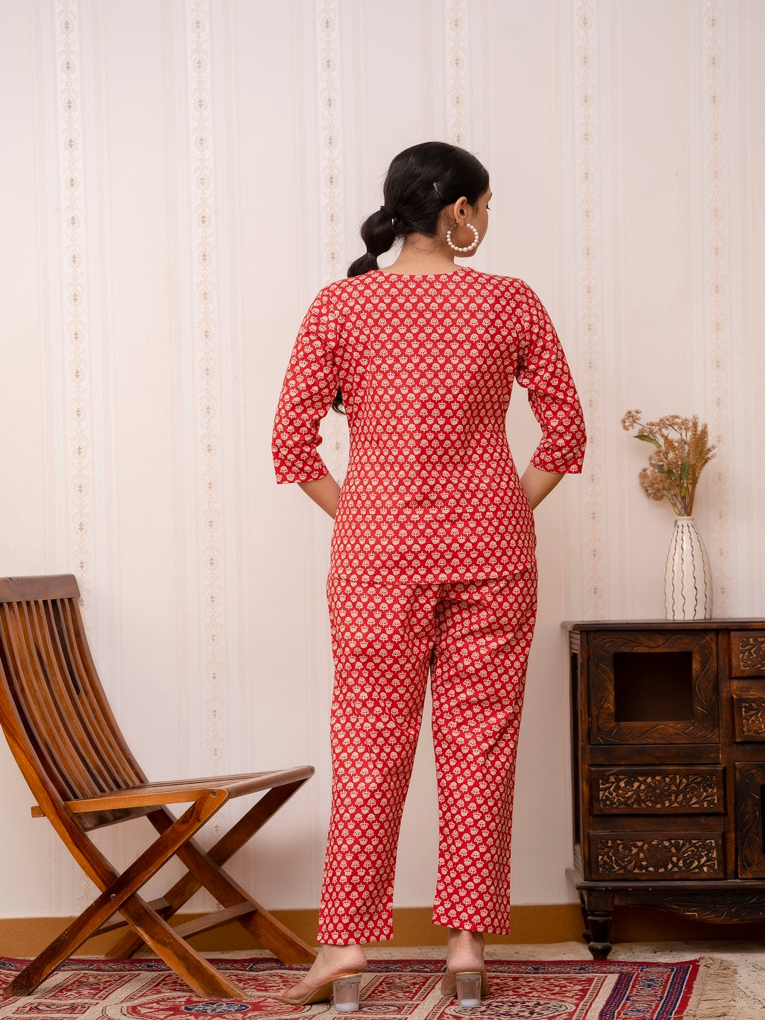 Red Printed Cotton Night Suit