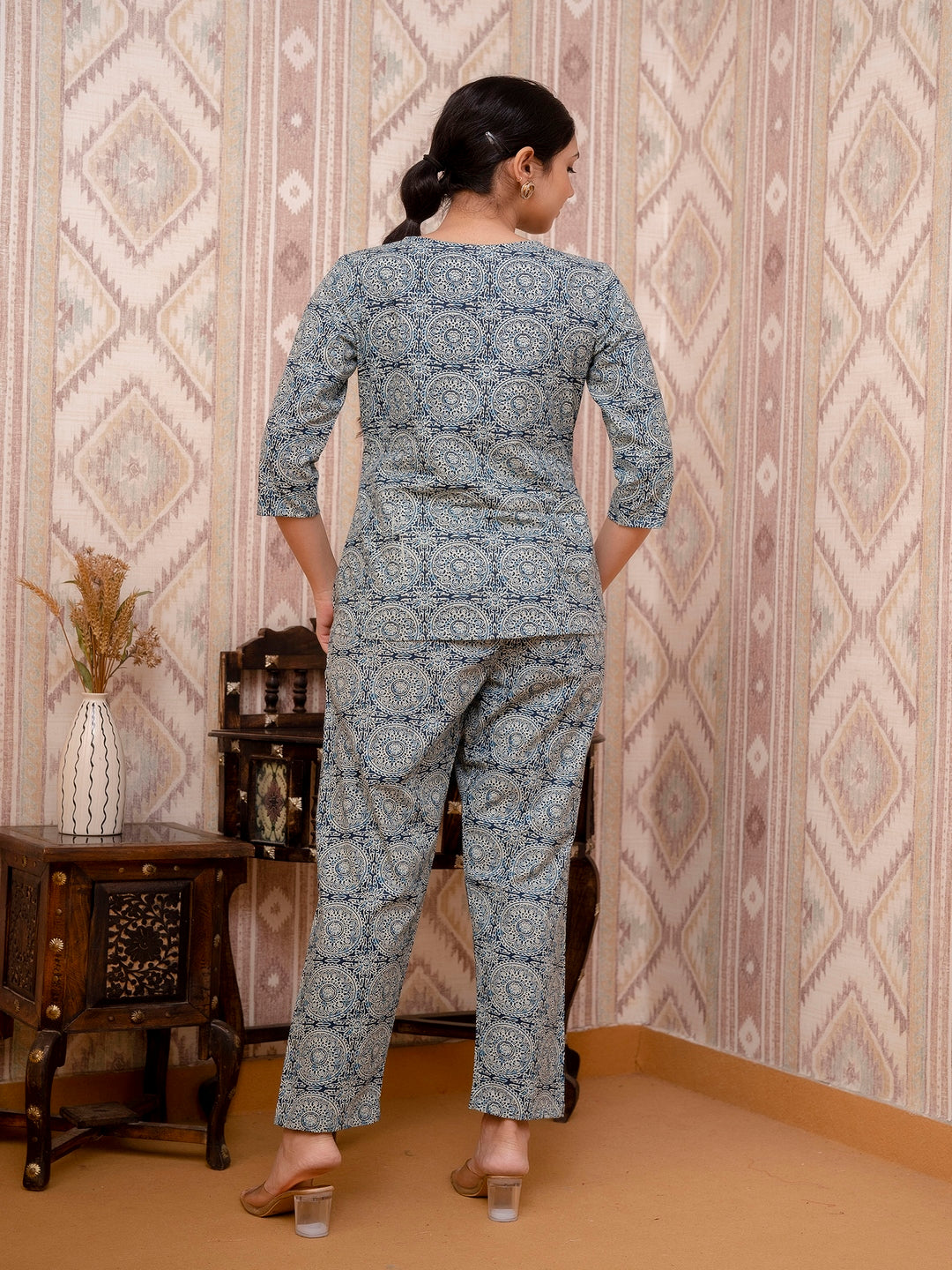 Blue Printed Cotton Night Suit