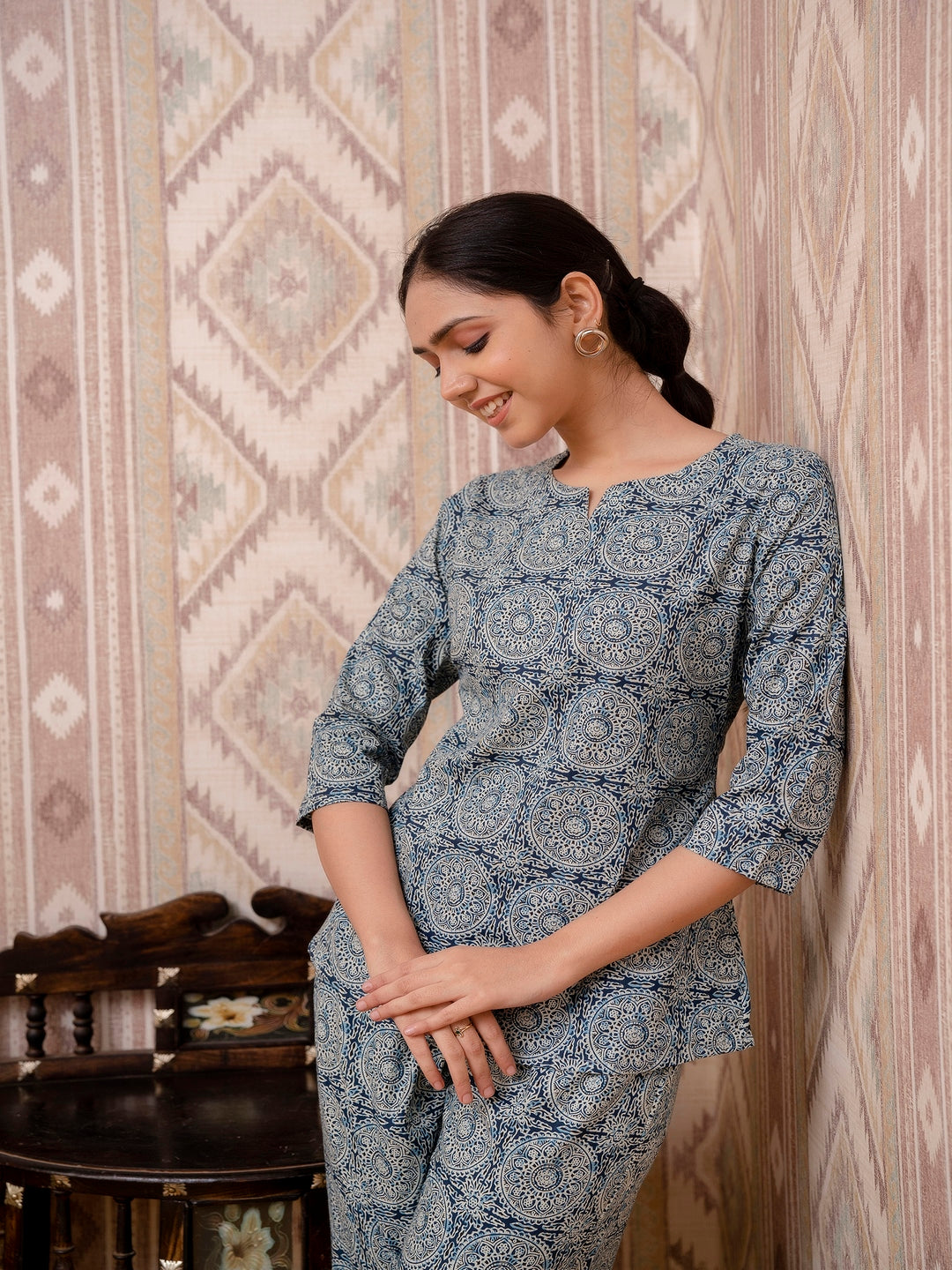 Blue Printed Cotton Night Suit