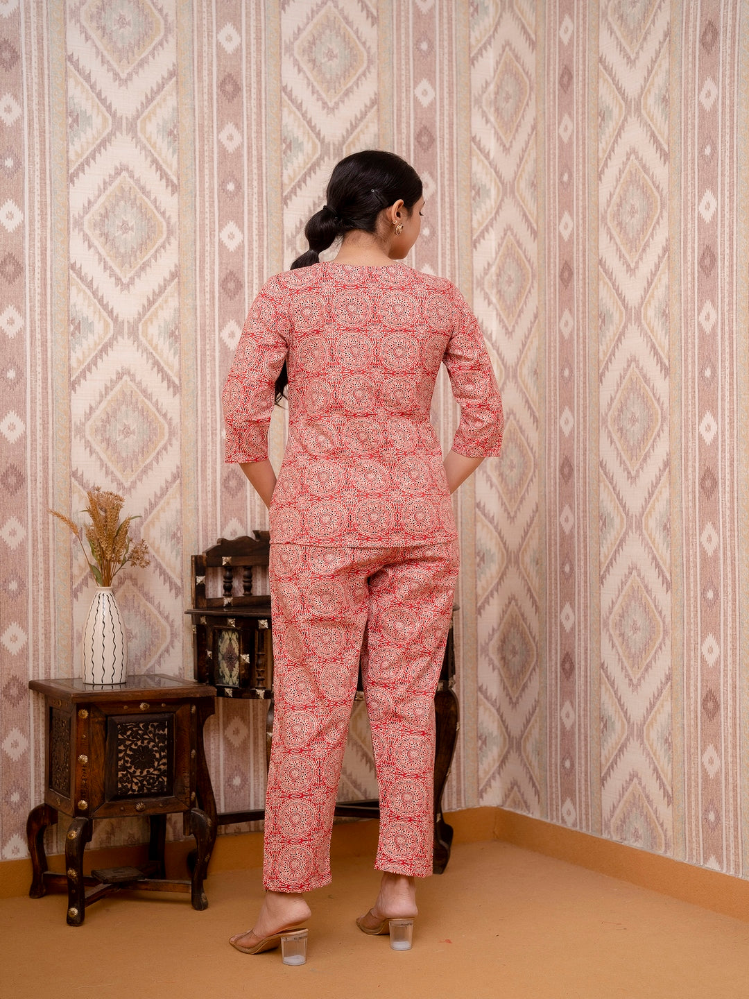 Red Printed Cotton Night Suit
