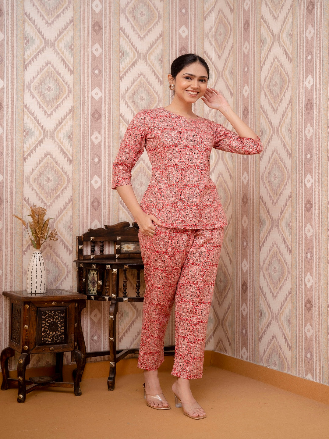 Red Printed Cotton Night Suit