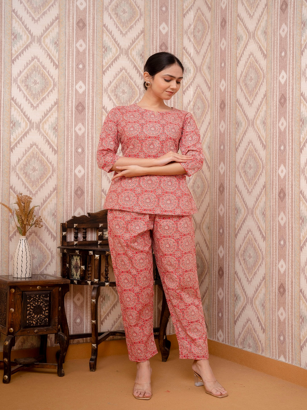 Red Printed Cotton Night Suit