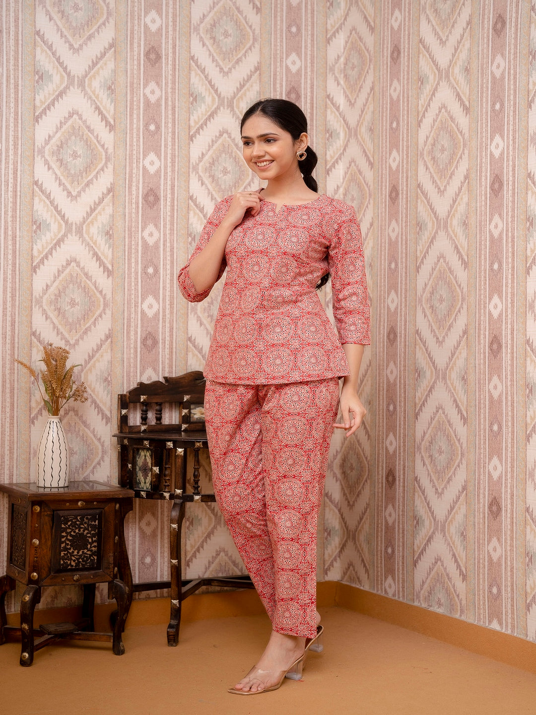Red Printed Cotton Night Suit