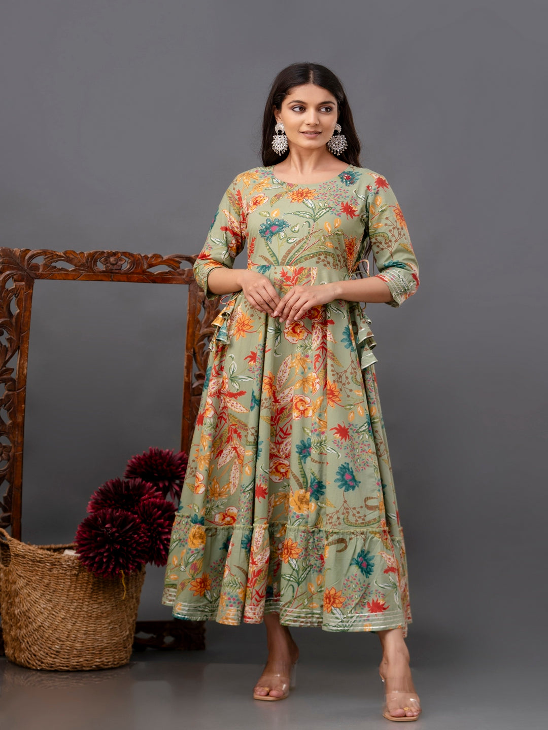 Cotton Calf Length Printed Flared 3/4 Sleeve Round Neck Kurta