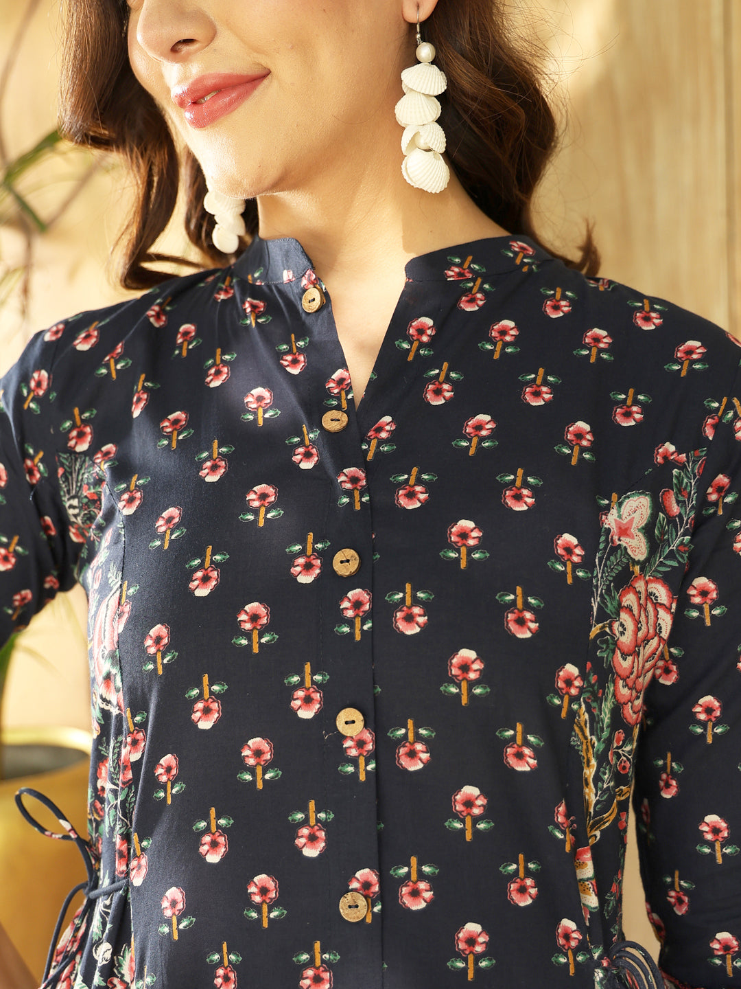 Floral Printed Band Colour Calf Length Kurta (NAVY BLUE)