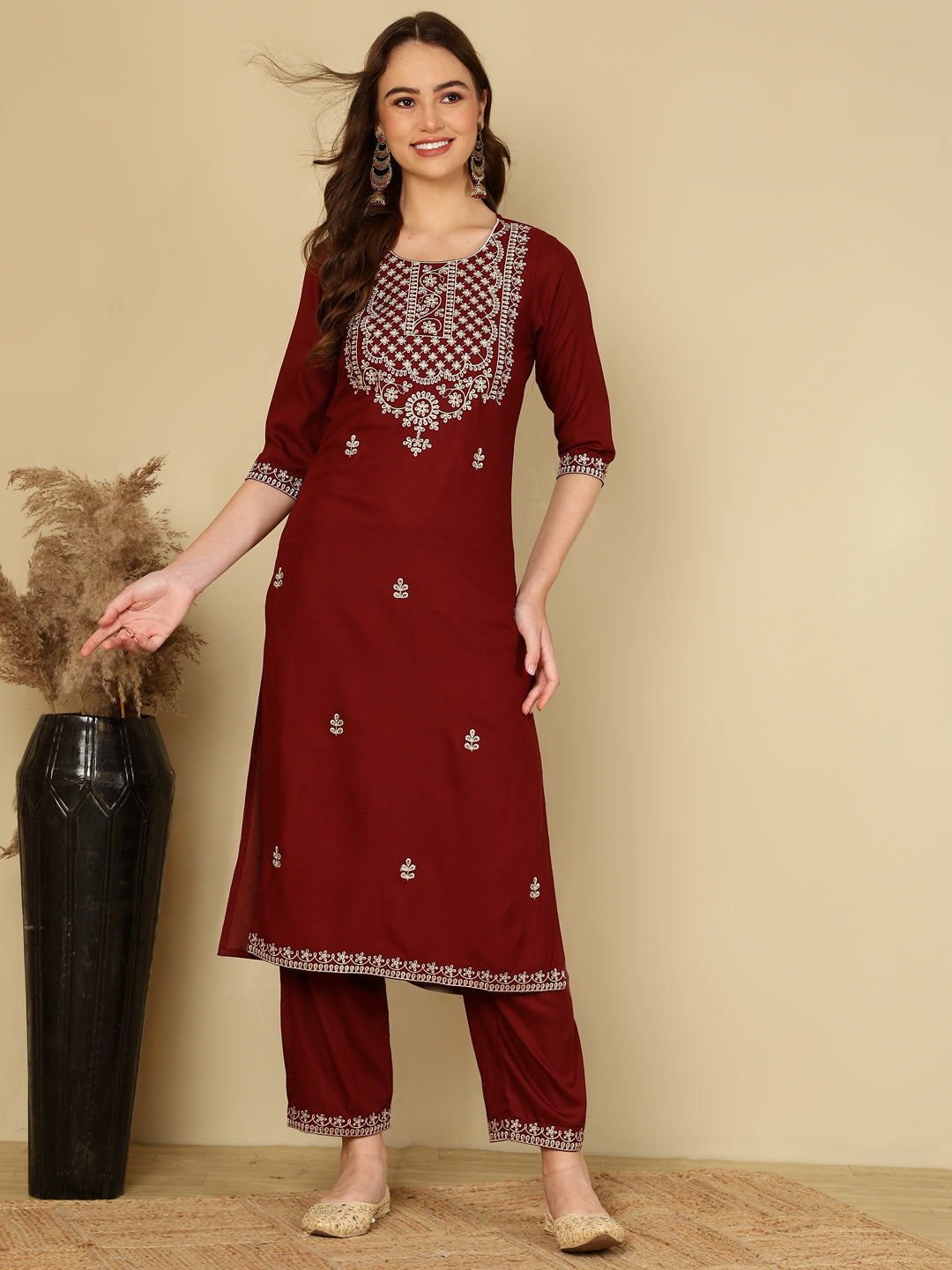 Rayon Embroidered Kurta And Palazzo Set (MAROON)