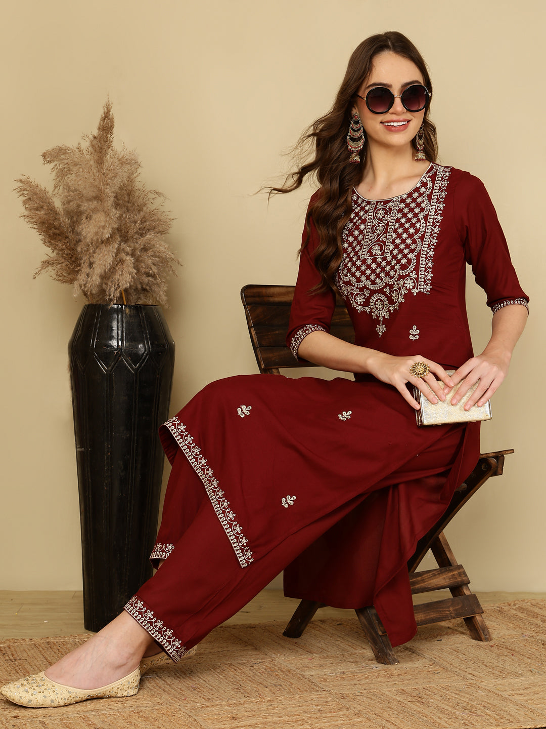 Rayon Embroidered Kurta And Palazzo Set (MAROON)