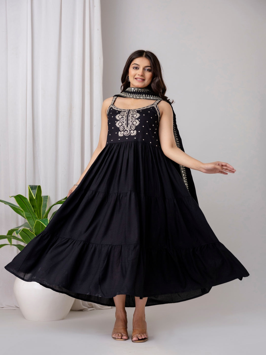 Embroidered Strappy Anarkali Viscose Rayon Kurta With Dupatta
