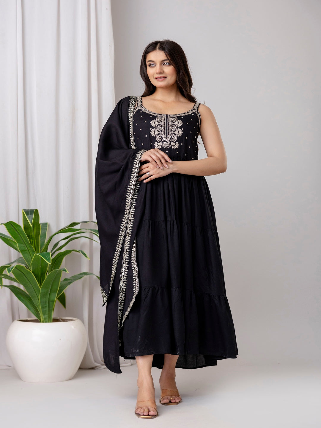 Embroidered Strappy Anarkali Viscose Rayon Kurta With Dupatta