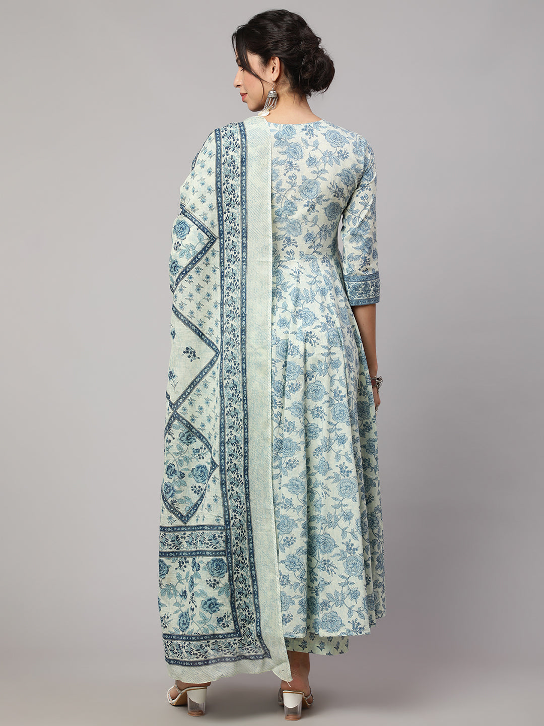 Floral Cotton printed Embroidered Anarkali set with dupatta