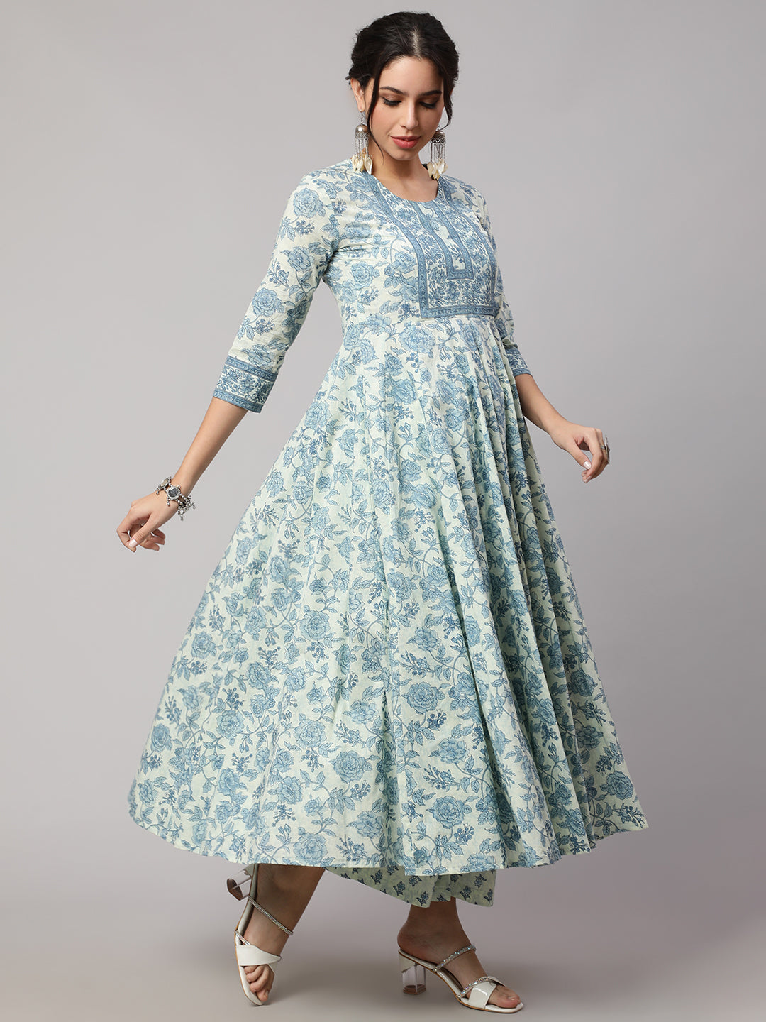 Floral Cotton printed Embroidered Anarkali set with dupatta