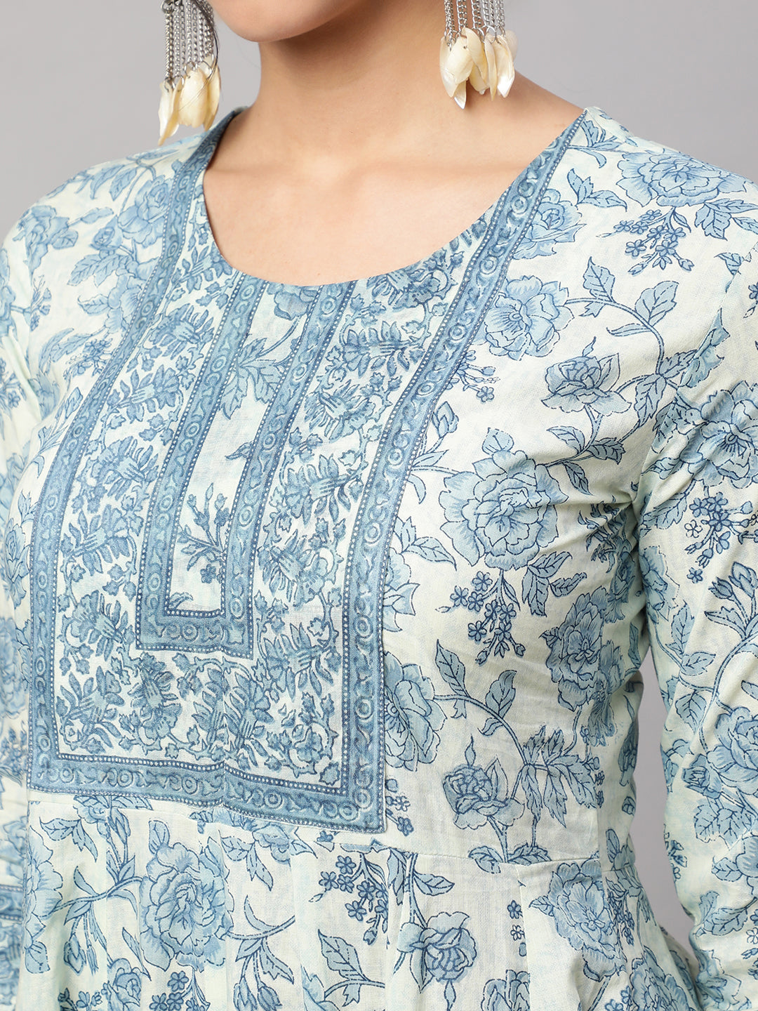 Floral Cotton printed Embroidered Anarkali set with dupatta