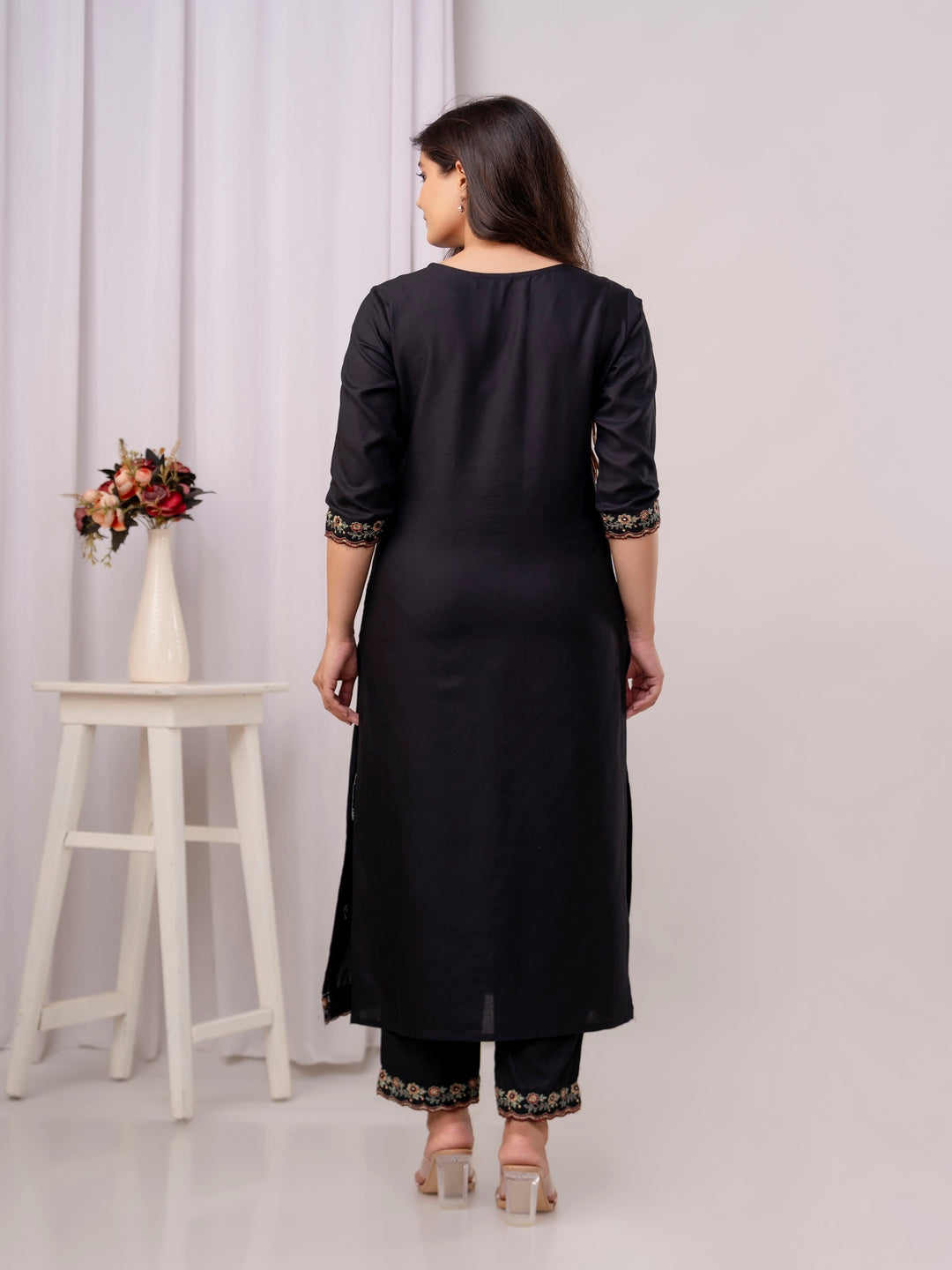 Cotton Embroidered Straight Kurta With Palazzos & Dupatta (Black)