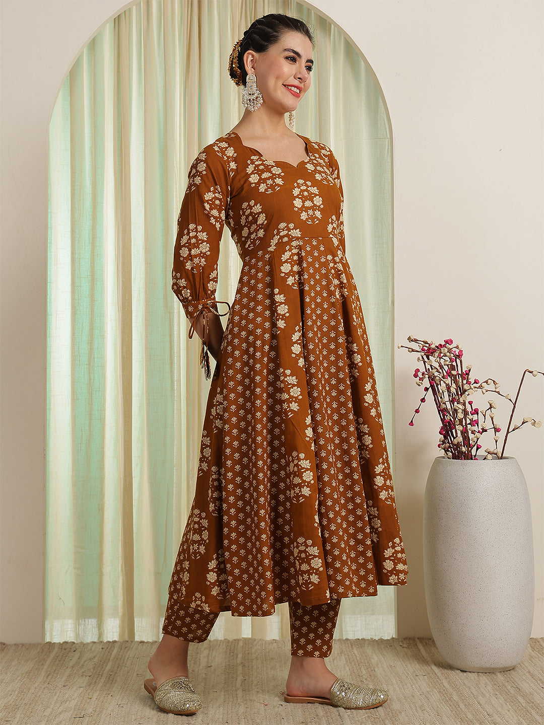 Gold Brown Printed Anarkali Kurta & Pant With Dupatta