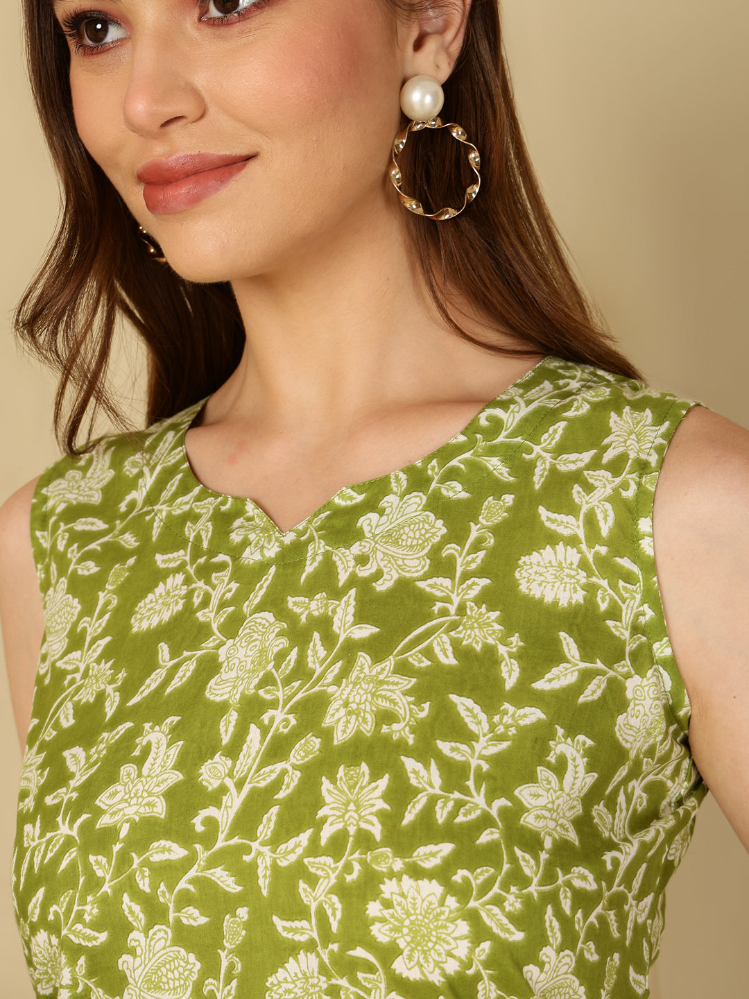 Cotton Printed Round Neck Green Top