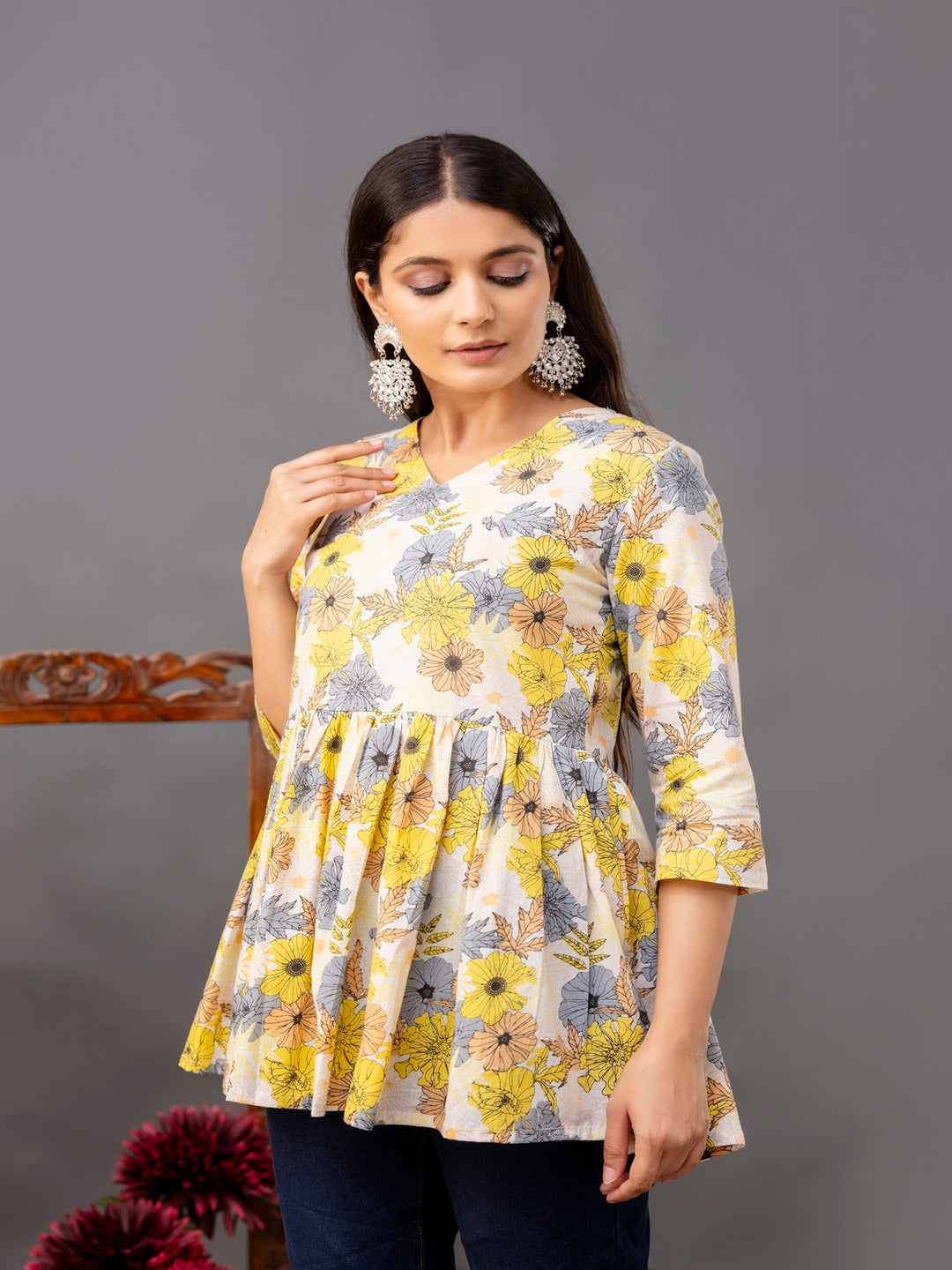 Printed 3/4 Sleeves Regular Pure Cotton Top