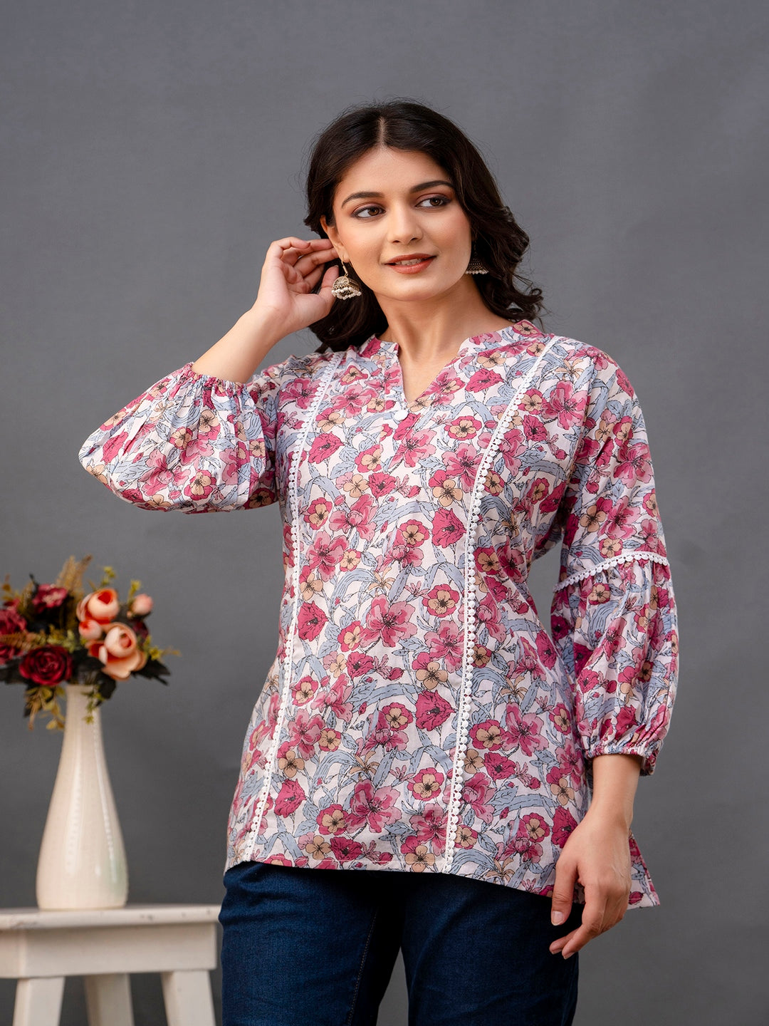 Printed 3/4 Sleeves Regular Pure Cotton Top