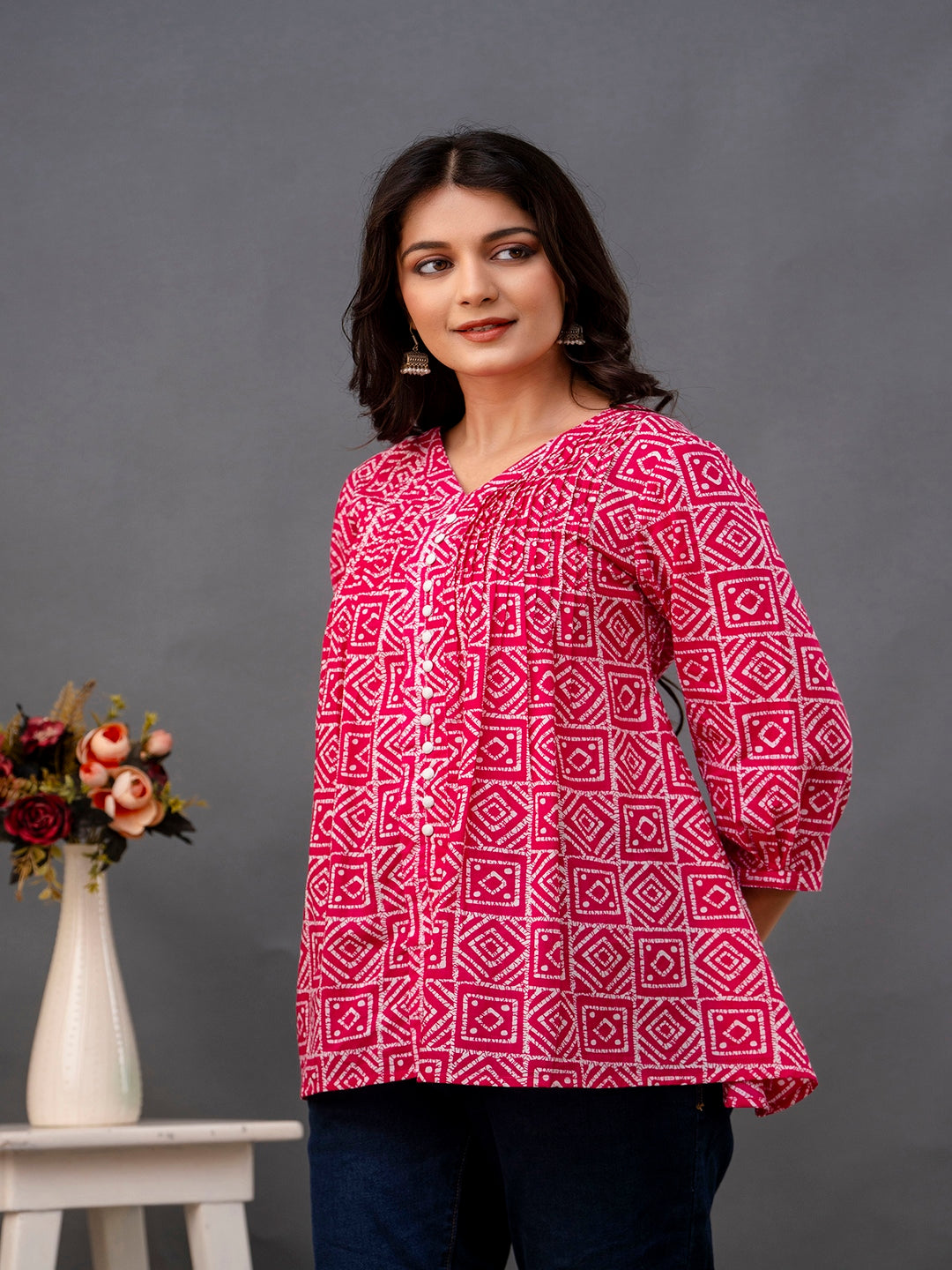 Printed 3/4 Sleeves Regular Pure Cotton Top