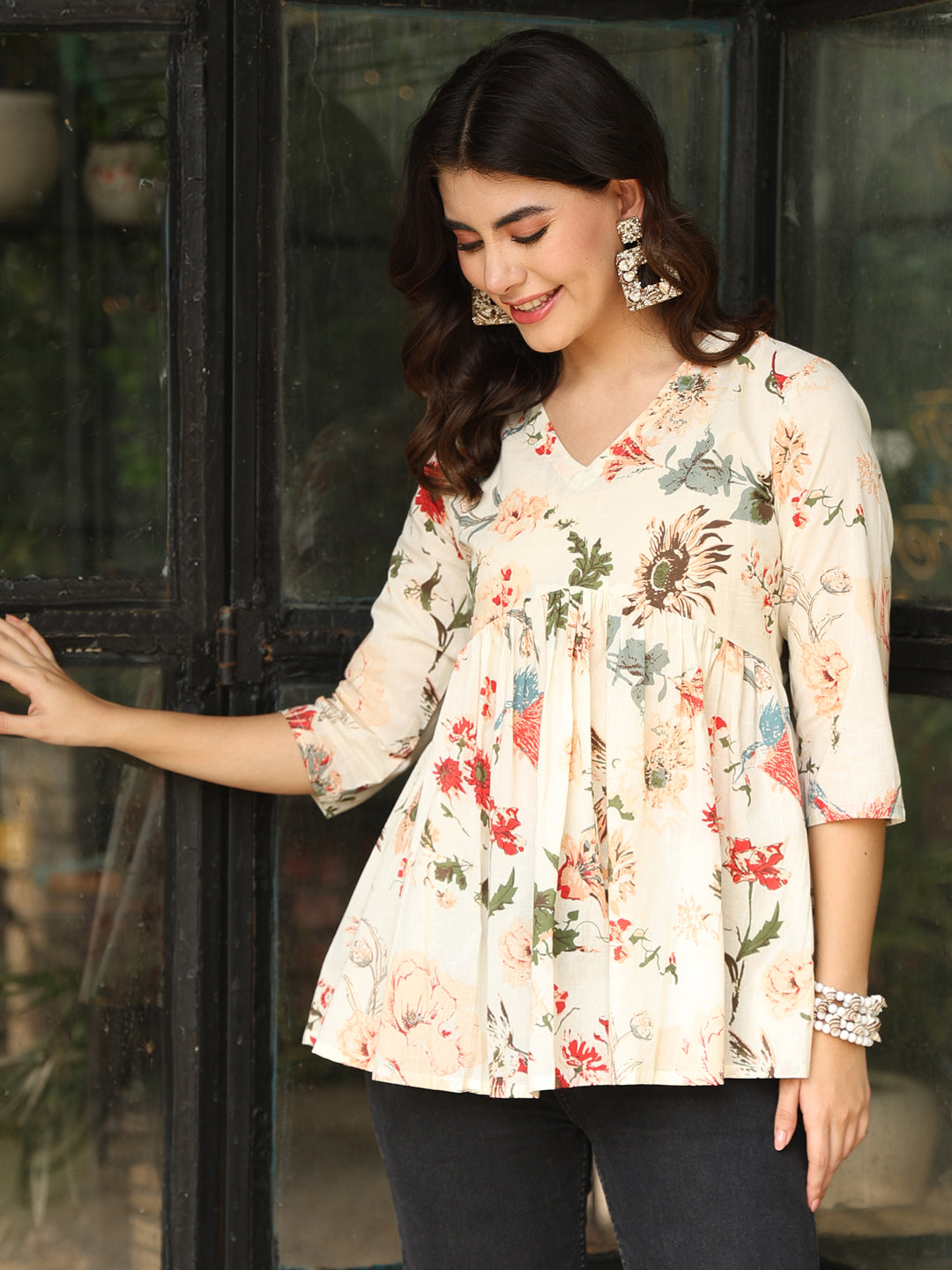 Printed 3/4 Sleeves Regular Pure Cotton Top