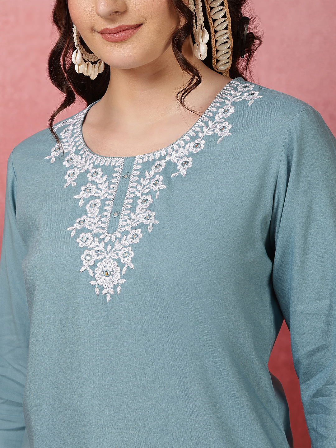 Grey Embroidered Viscose Rayon Top