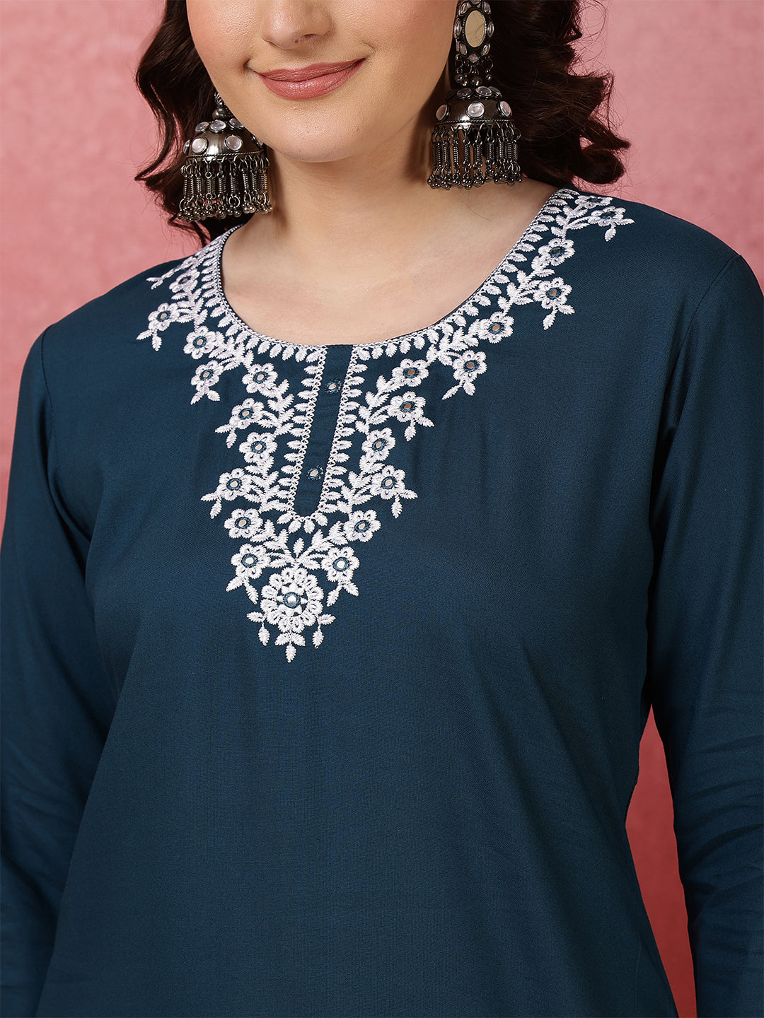 Teal Embroidered Viscose Rayon Top