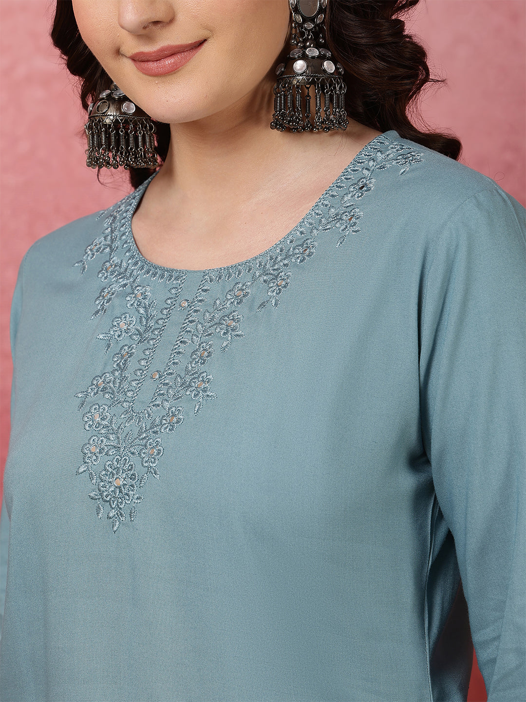 Grey Embroidered Viscose Rayon Top