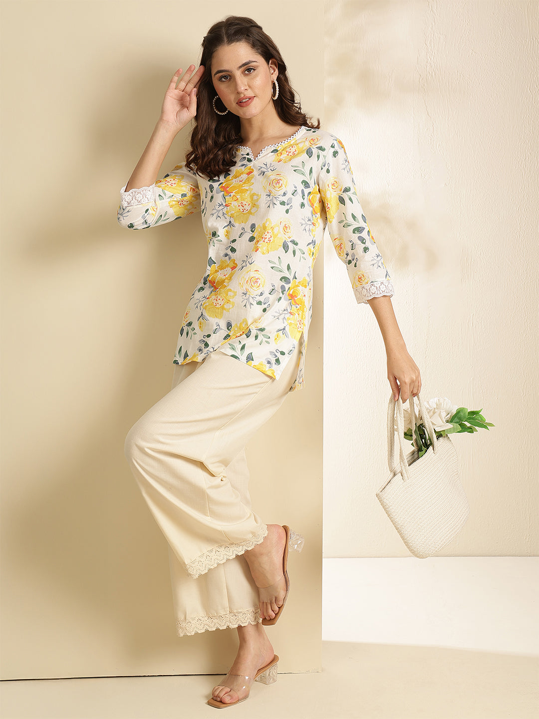 Floral Print V-Neck With Lace Trim Top