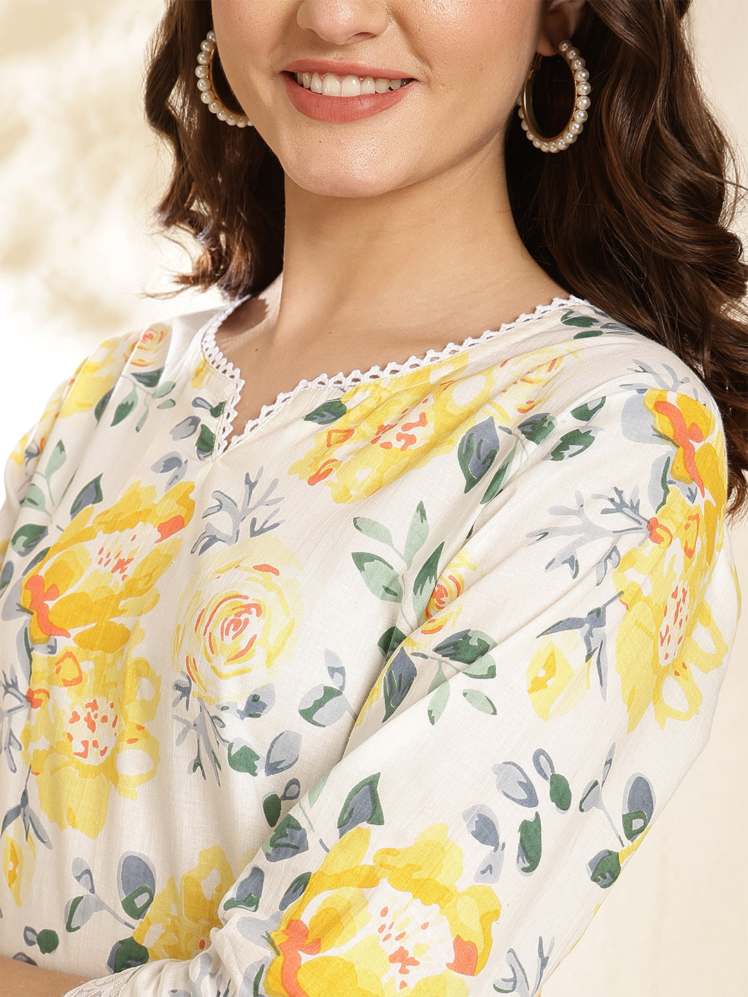 Floral Print V-Neck With Lace Trim Top