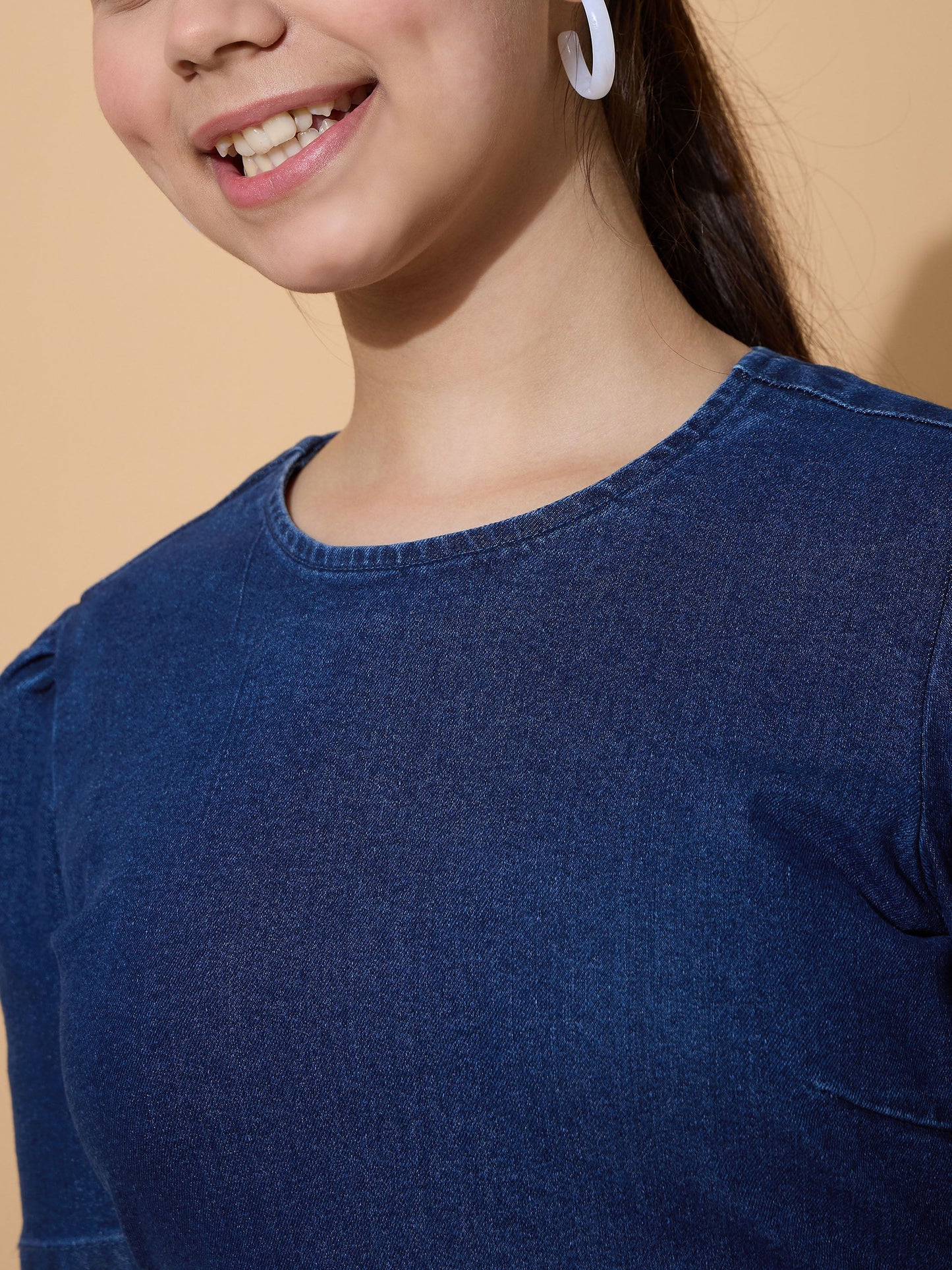 Girls Navy Denim Flared Hem Short Dress