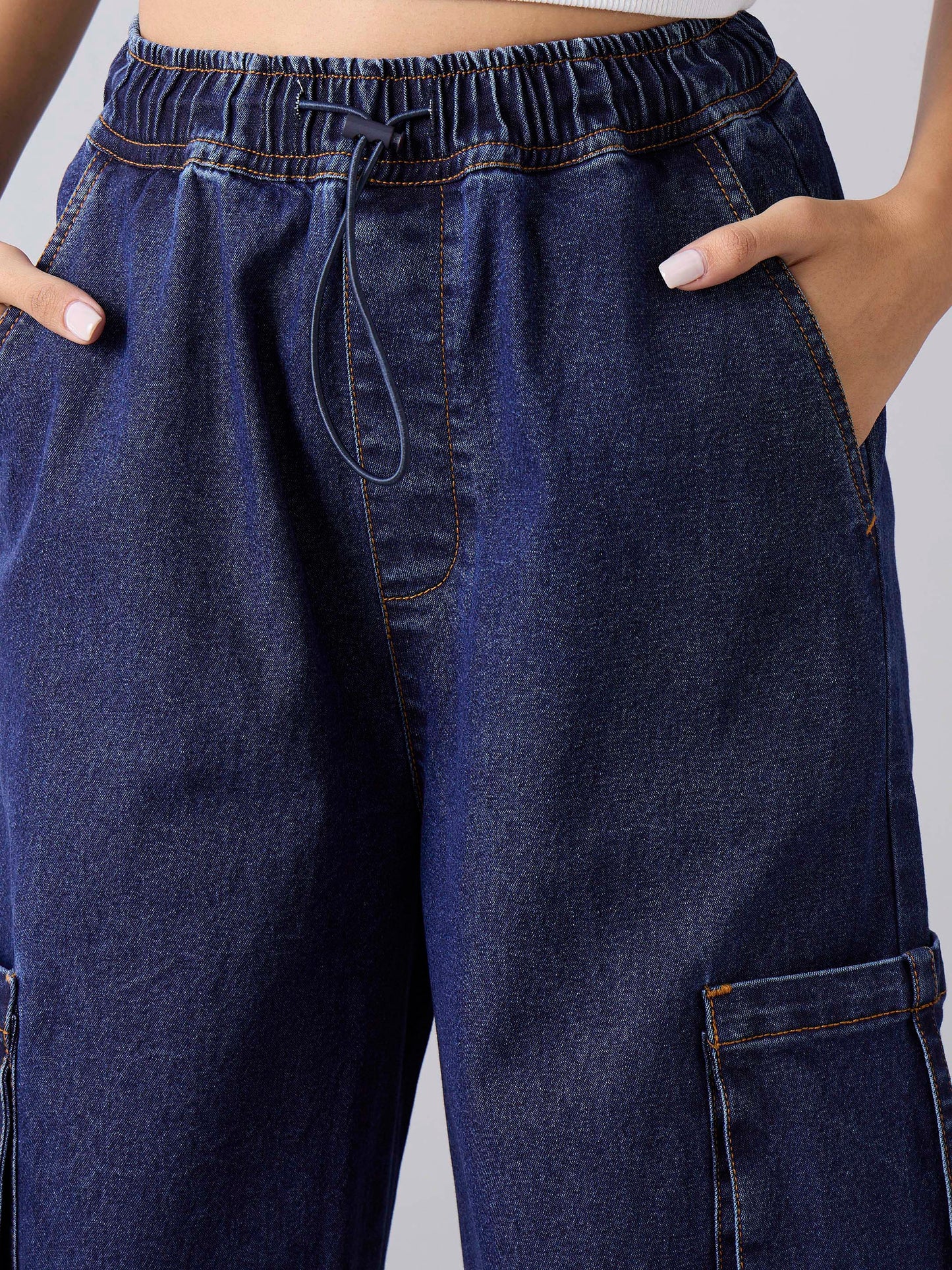 Girls Blue Wash Side Pockets Cargo Jeans