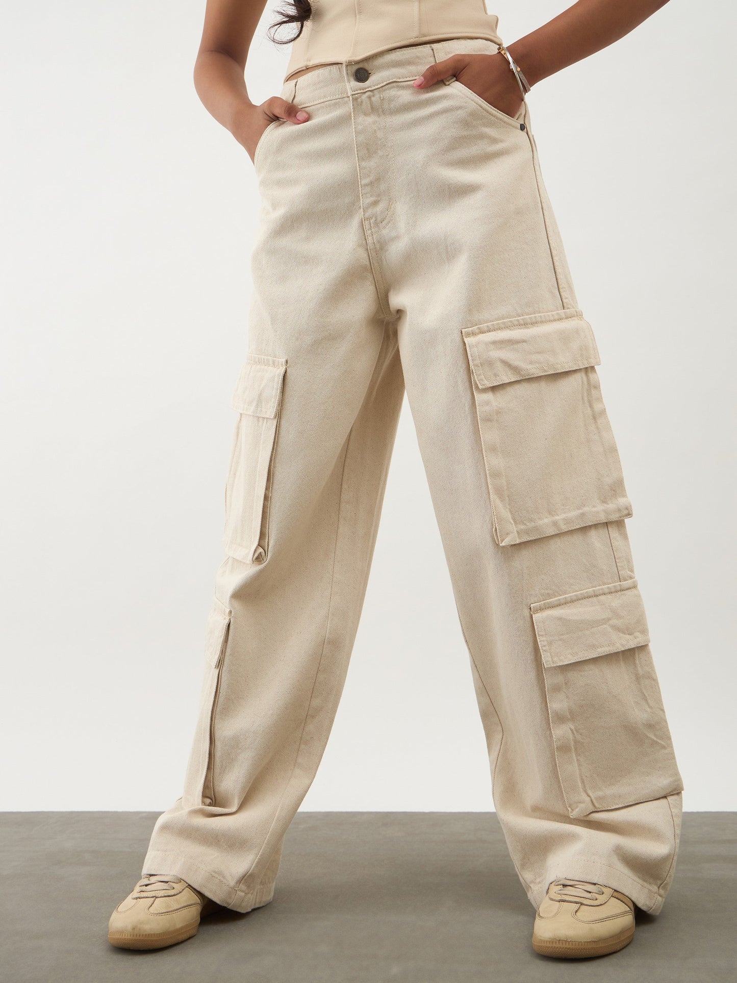 Girls Beige Multi Pockets Denim Cargo Jeans