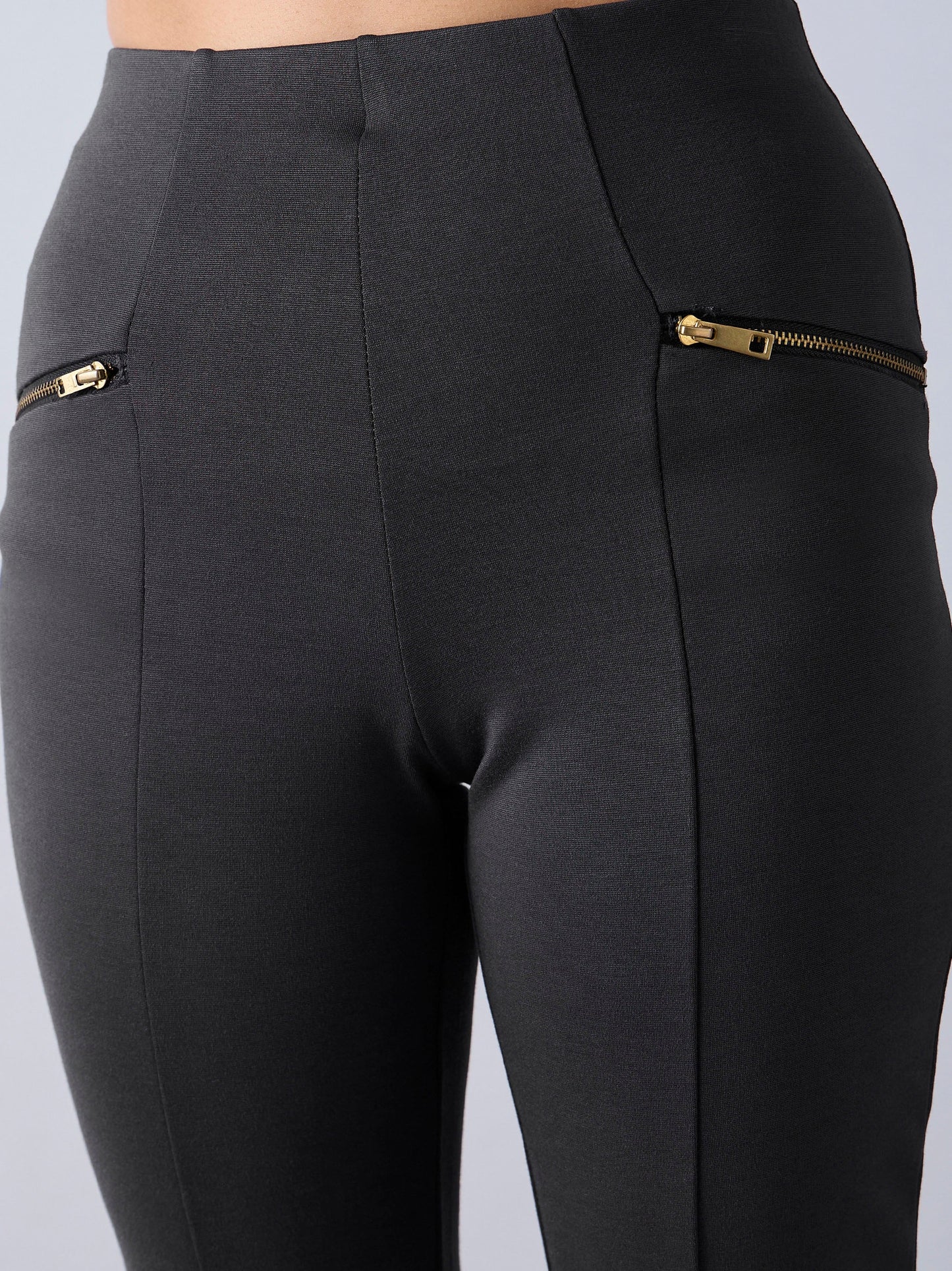 Girls Grey Front Slit Bell Bottom Zipper Detail Pants