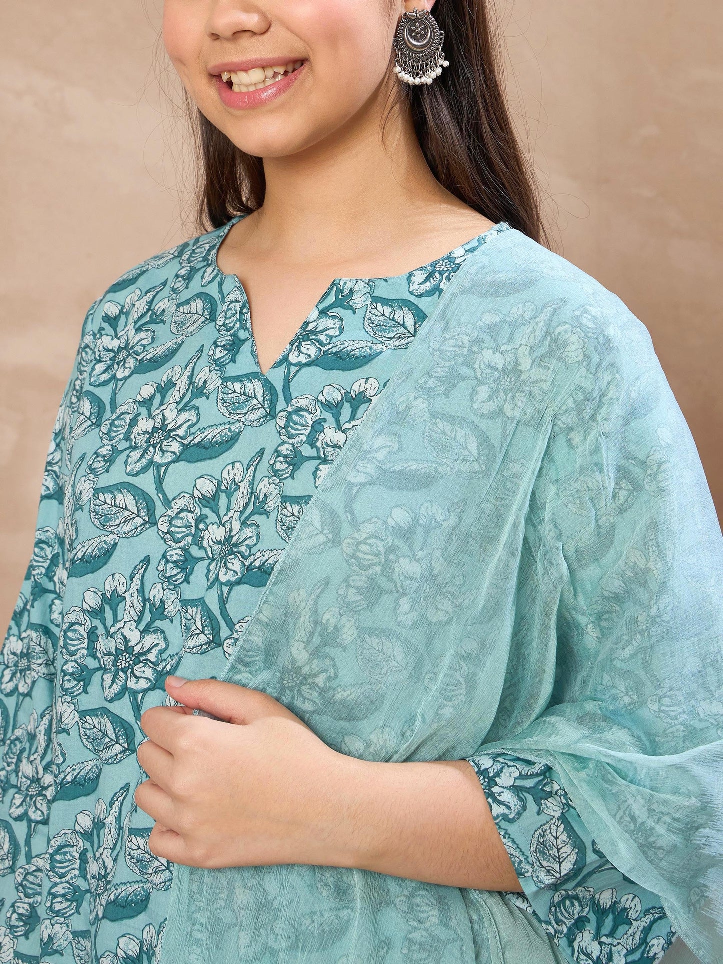 Girls Powder Blue Floral Short Kurta With Salwar & Dupatta