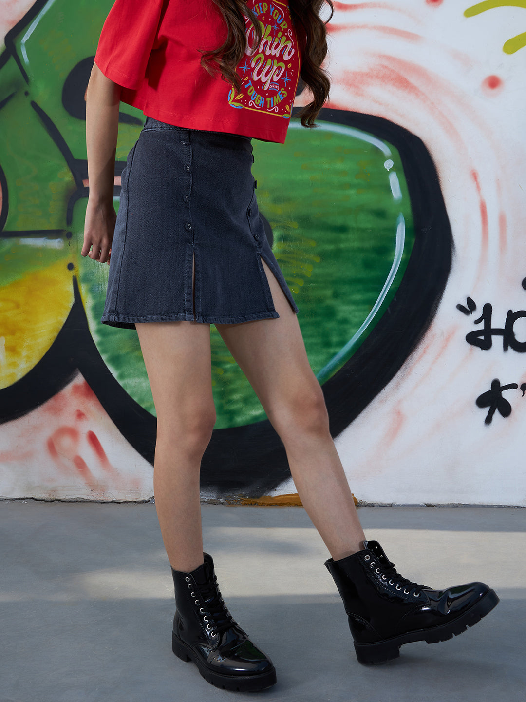 Girls Grey Denim Acid Wash Front Slit Mini Skirt