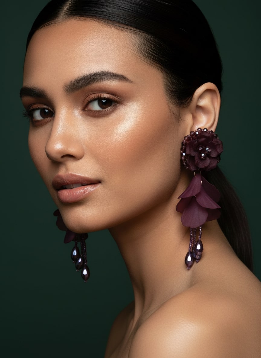 Beautiful Purple Rose Flower With Petals Drop Earrings