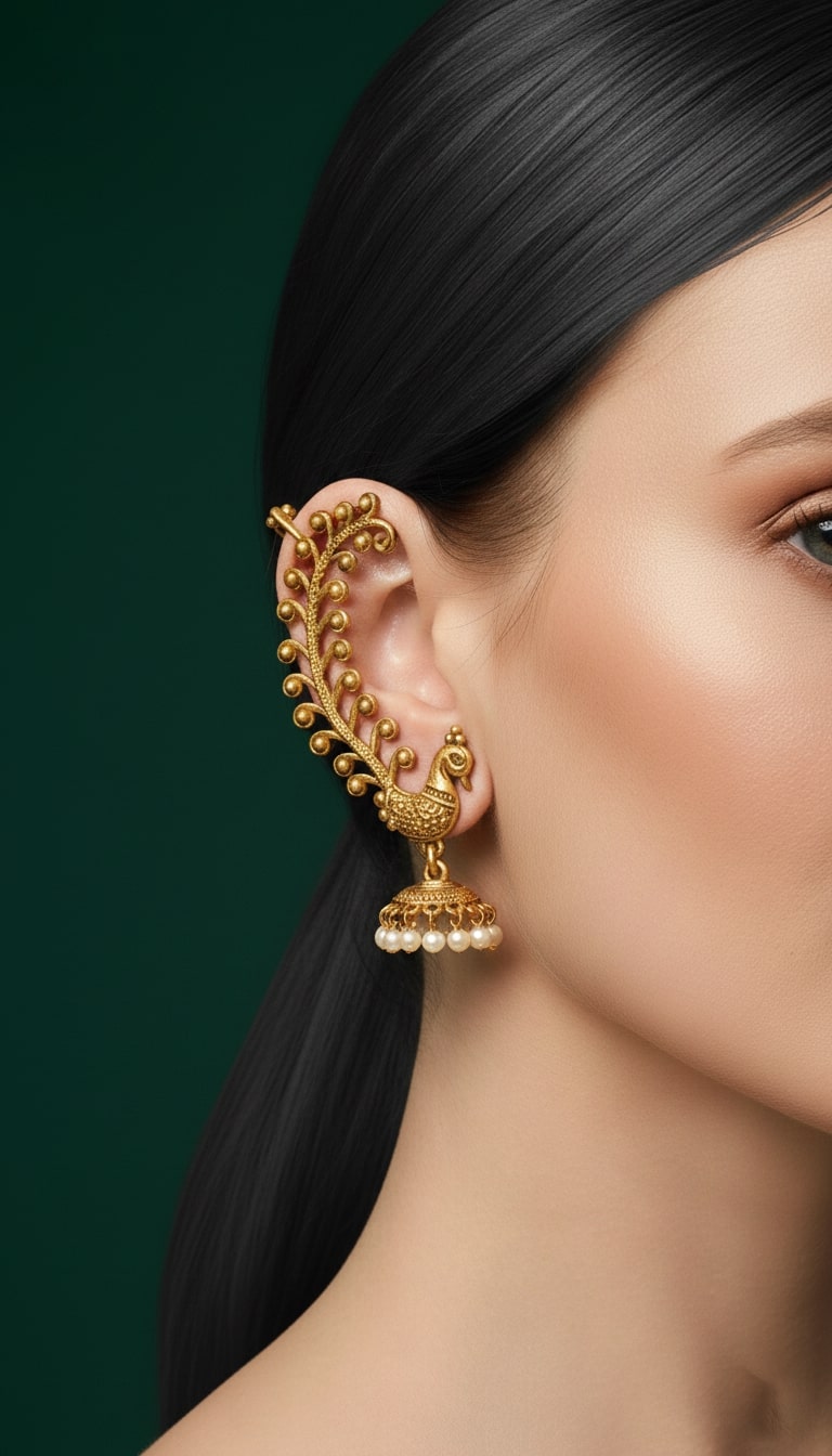 Beautiful Golden Peacock Design Jhumki Ear Cuff